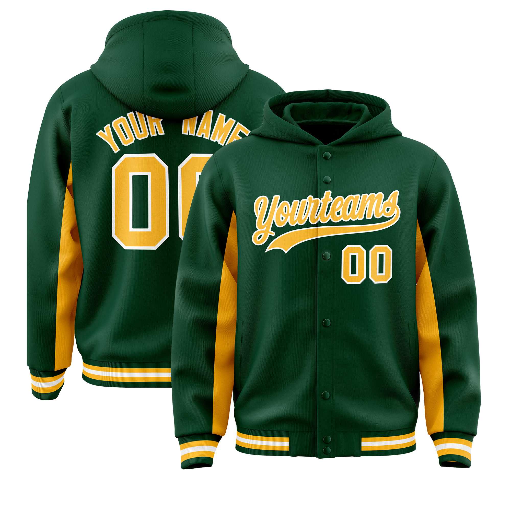 Custom Green Gold Color Block Varsity Full-Snap Letterman Jacket Hoodie| KXKSHOP