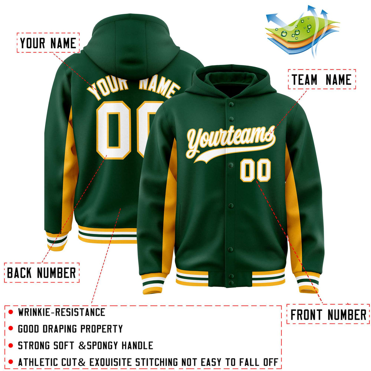 Custom Green Gold Color Block Varsity Full-Snap Letterman Jacket Hoodie| KXKSHOP