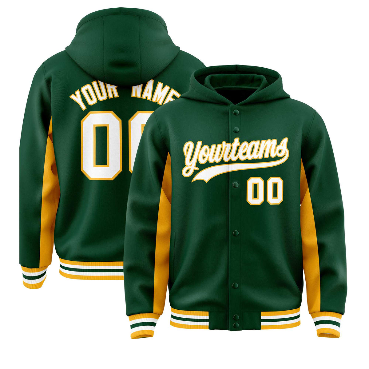 Custom Green Gold Color Block Varsity Full-Snap Letterman Jacket Hoodie| KXKSHOP