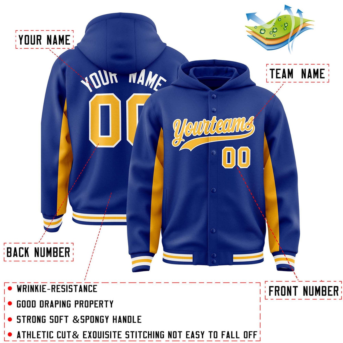 Custom Royal Gold Color Block Varsity Full-Snap Letterman Jacket Hoodie| KXKSHOP