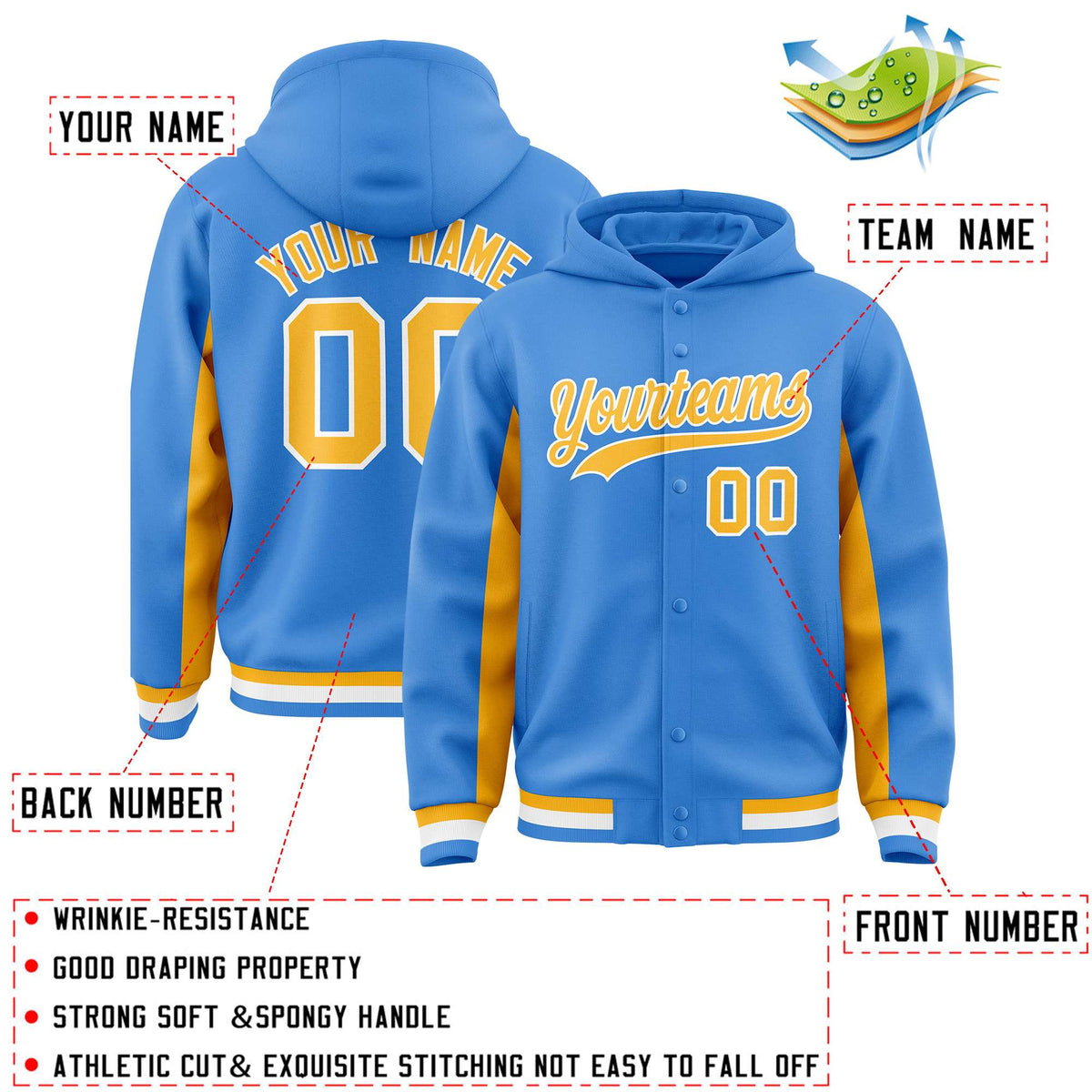 Custom Powder Blue Gold Color Block Varsity Full-Snap Letterman Jacket Hoodie| KXKSHOP