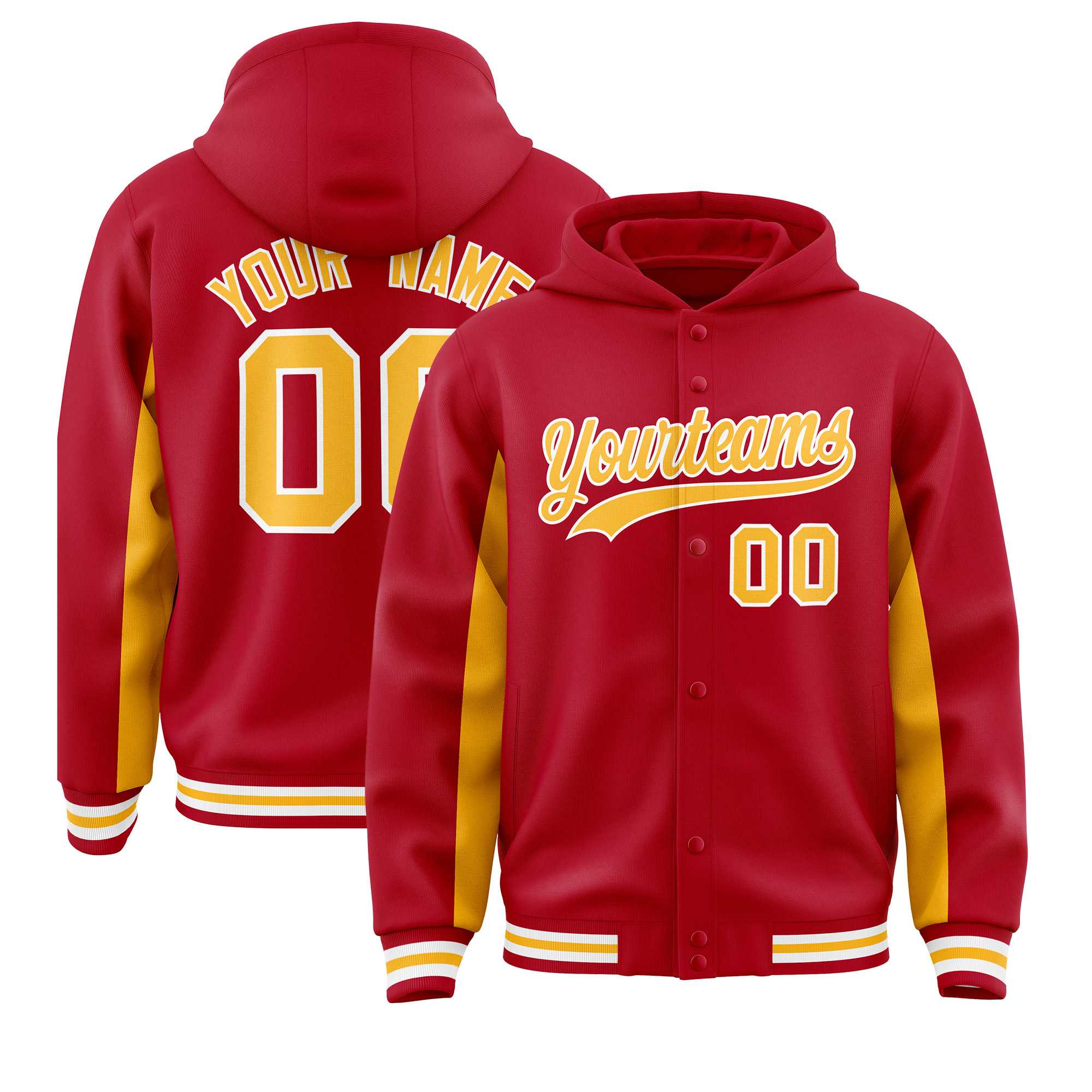 Custom Red Gold Color Block Varsity Full-Snap Letterman Jacket Hoodie| KXKSHOP