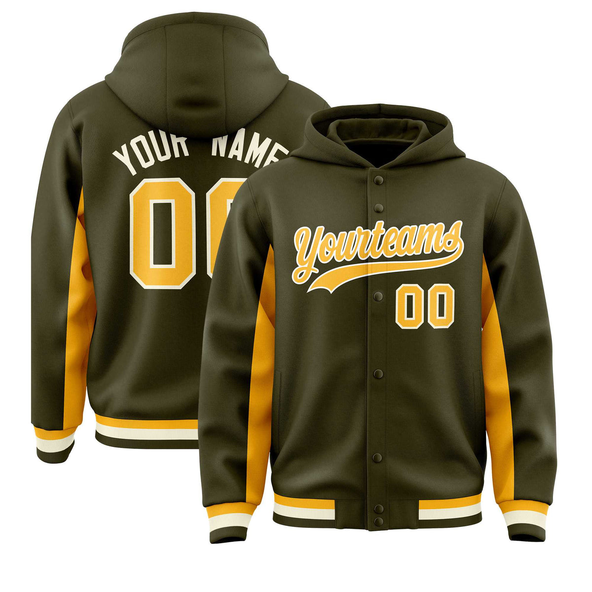 Custom Olive Gold Color Block Varsity Full-Snap Letterman Jacket Hoodie| KXKSHOP