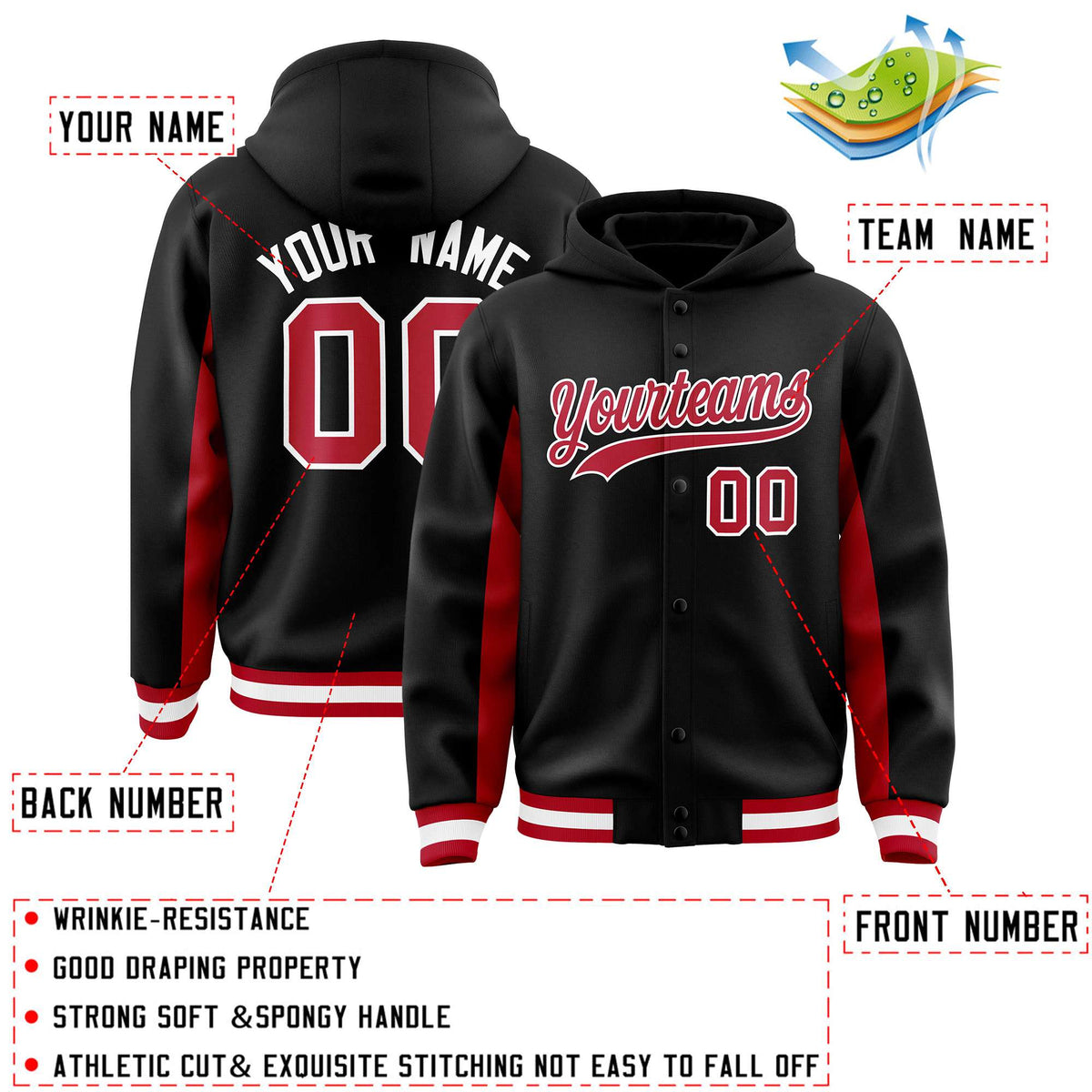 Custom Black Red Color Block Varsity Full-Snap Letterman Jacket Hoodie| KXKSHOP