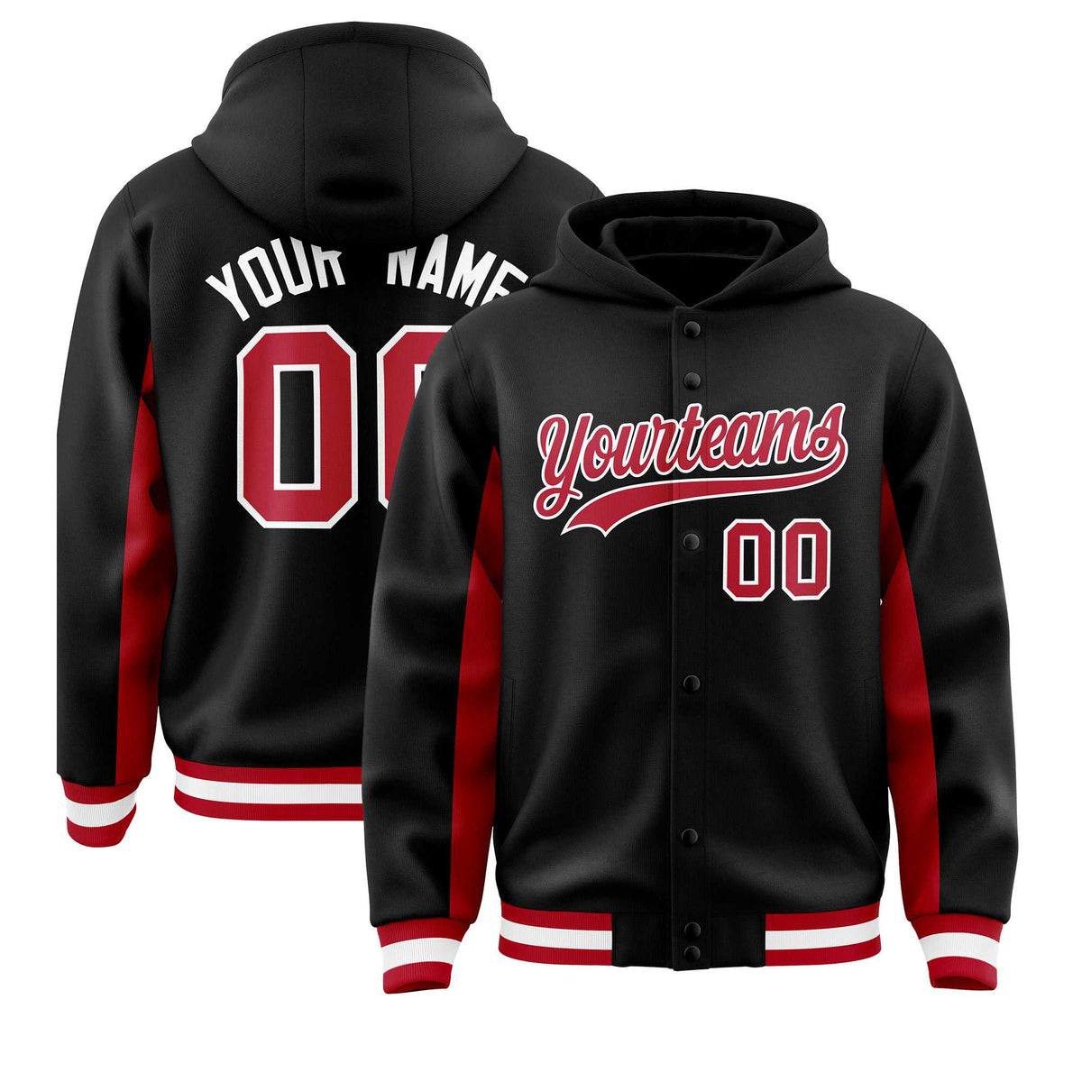 Custom Black Red Color Block Varsity Full-Snap Letterman Jacket Hoodie| KXKSHOP