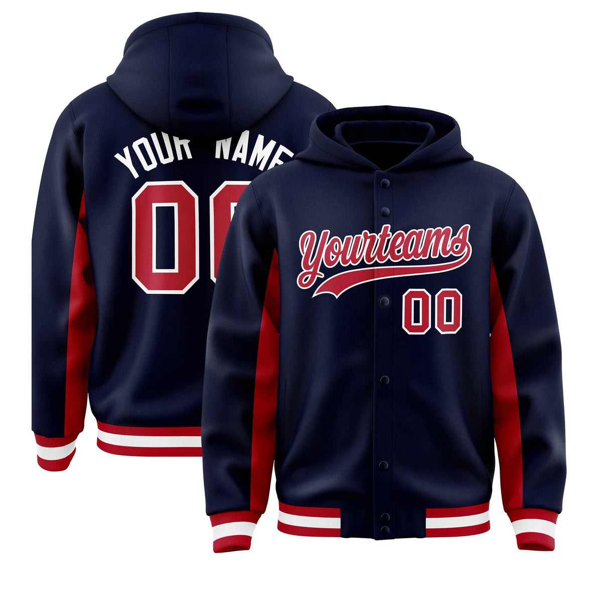 Custom Navy Red Color Block Varsity Full-Snap Letterman Jacket Hoodie| KXKSHOP