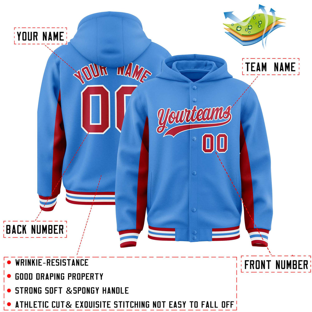 Custom Powder Blue Red Color Block Varsity Full-Snap Letterman Jacket Hoodie| KXKSHOP