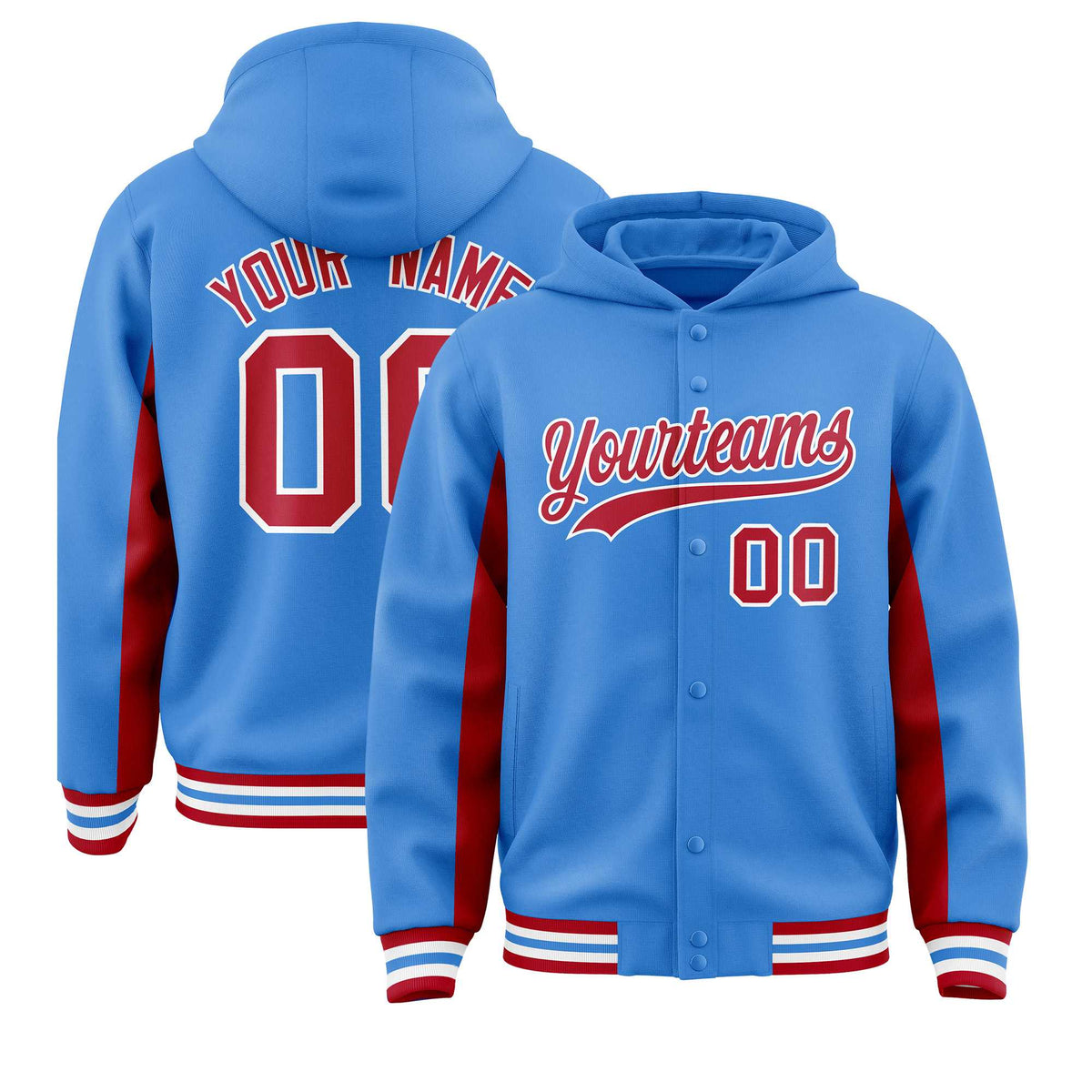 Custom Powder Blue Red Color Block Varsity Full-Snap Letterman Jacket Hoodie| KXKSHOP