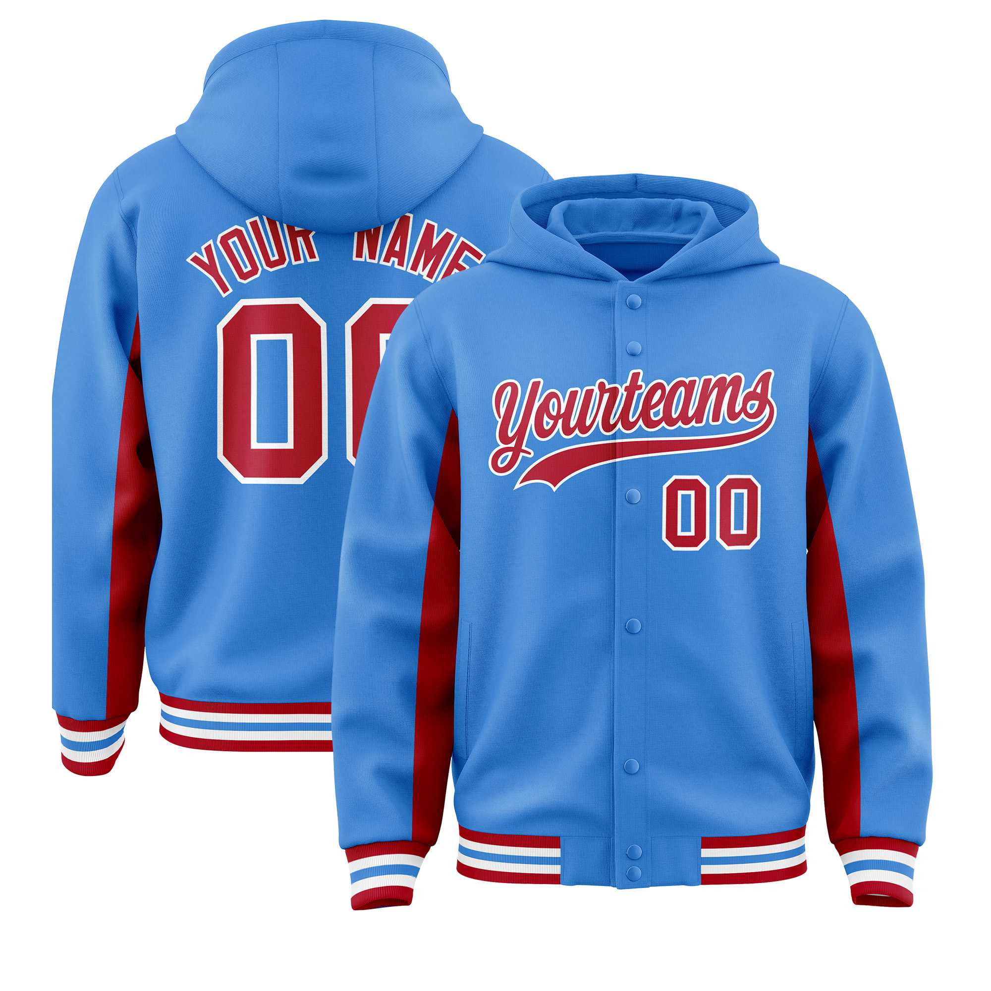 Custom Powder Blue Red Color Block Varsity Full-Snap Letterman Jacket Hoodie| KXKSHOP