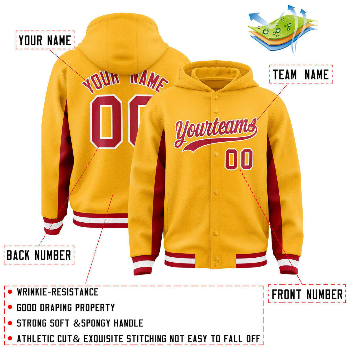 Custom Gold Red Color Block Varsity Full-Snap Letterman Jacket Hoodie| KXKSHOP