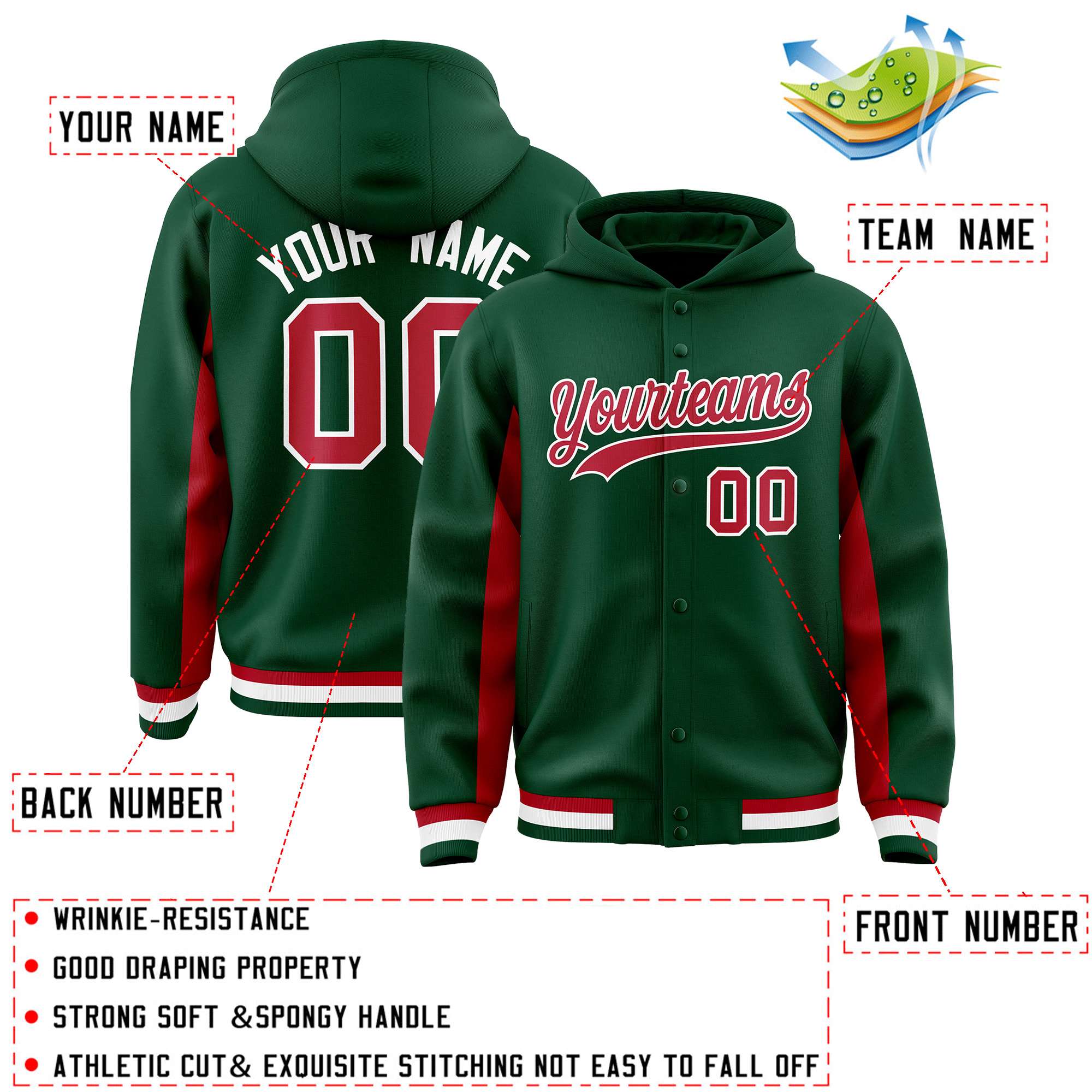 Custom Green Red Color Block Varsity Full-Snap Letterman Jacket Hoodie| KXKSHOP