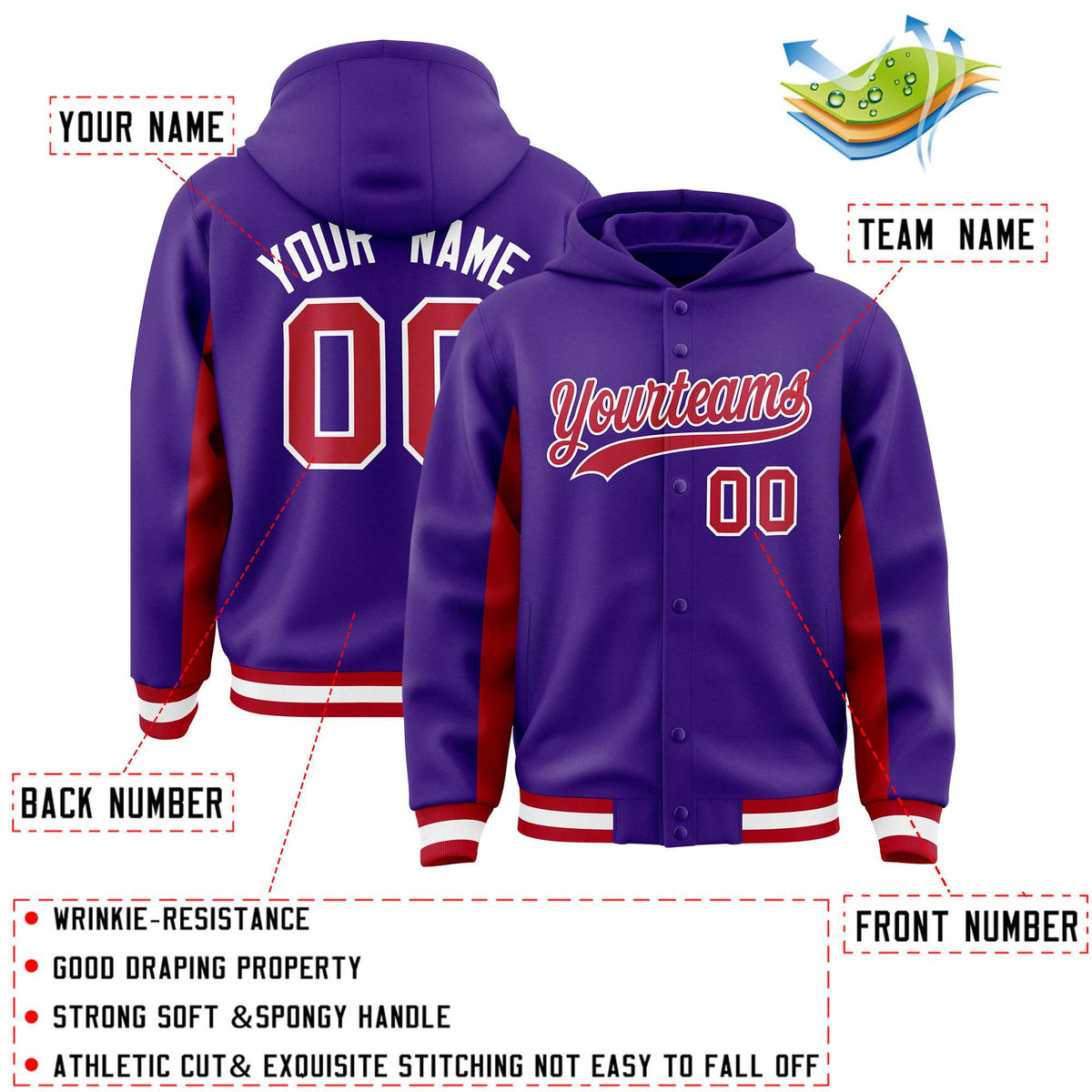 Custom Purple Red Color Block Varsity Full-Snap Letterman Jacket Hoodie| KXKSHOP