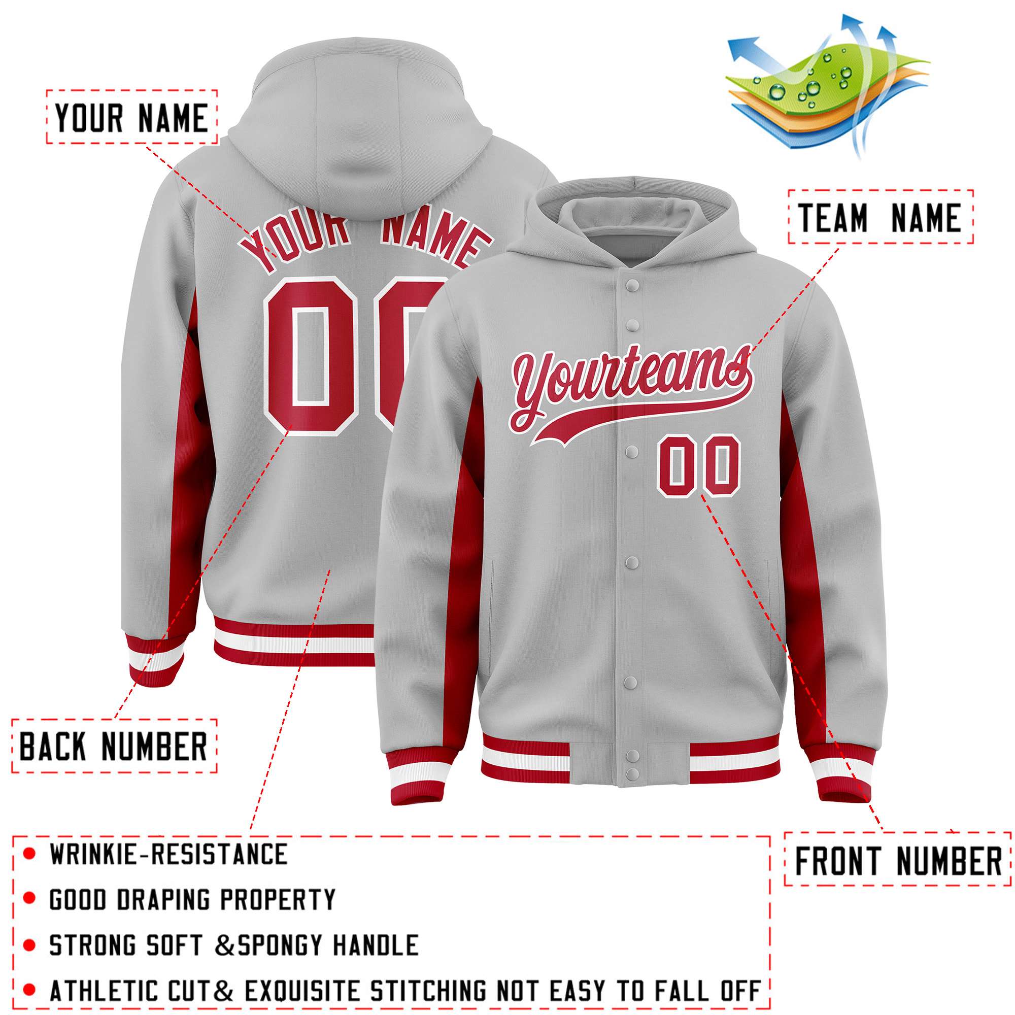 Custom Gray Red Color Block Varsity Full-Snap Letterman Jacket Hoodie| KXKSHOP