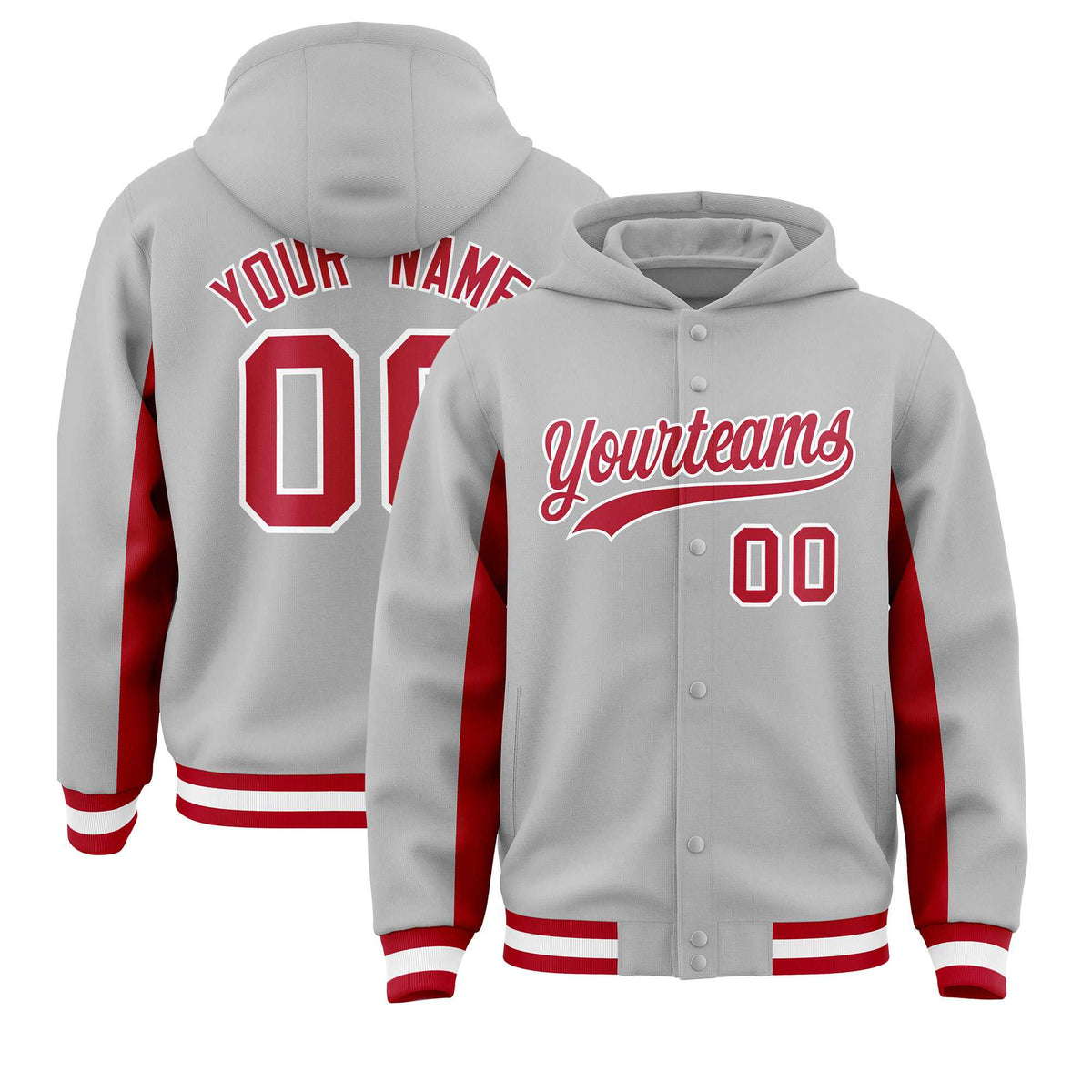Custom Gray Red Color Block Varsity Full-Snap Letterman Jacket Hoodie| KXKSHOP