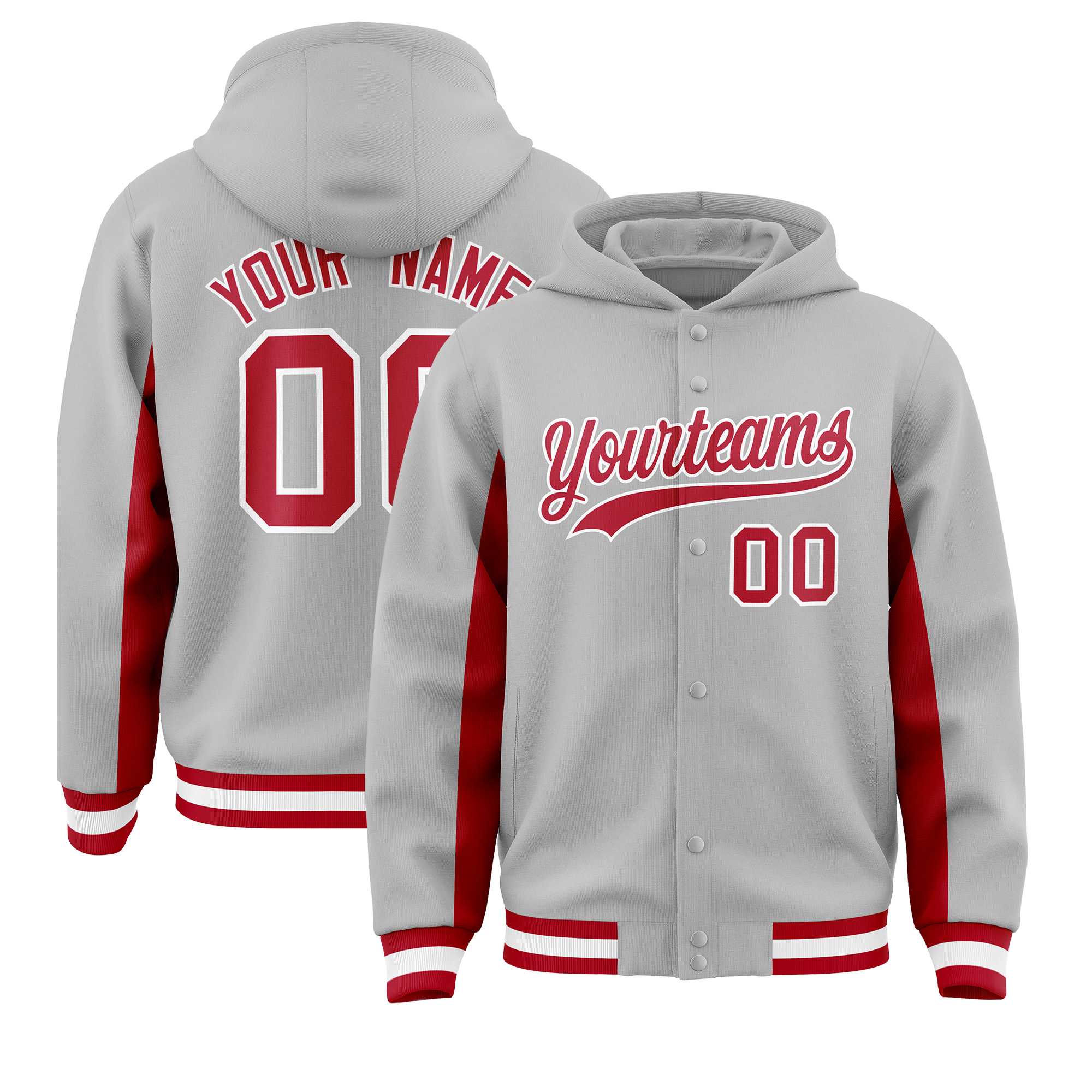 Custom Gray Red Color Block Varsity Full-Snap Letterman Jacket Hoodie| KXKSHOP