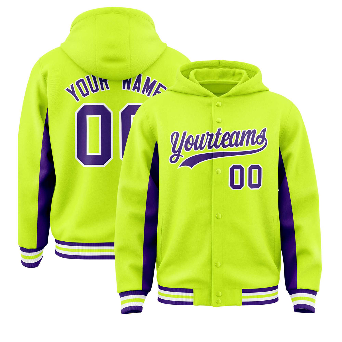 Custom Neon Green Purple Color Block Varsity Full-Snap Letterman Jacket Hoodie| KXKSHOP