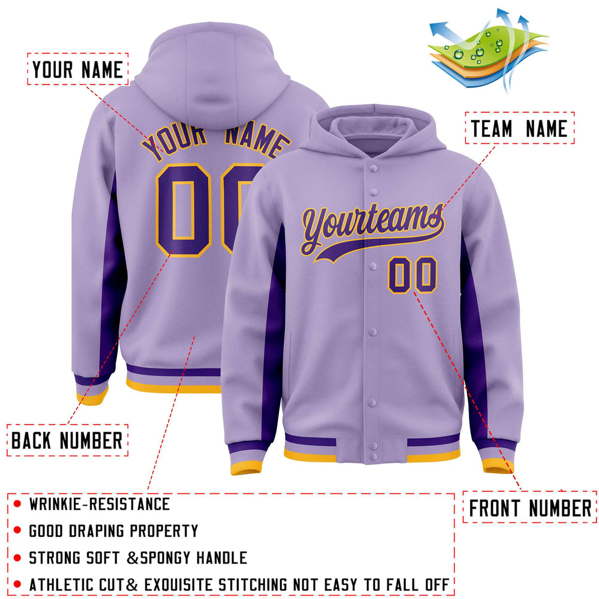 Custom Light Purple Purple Color Block Varsity Full-Snap Letterman Jacket Hoodie| KXKSHOP