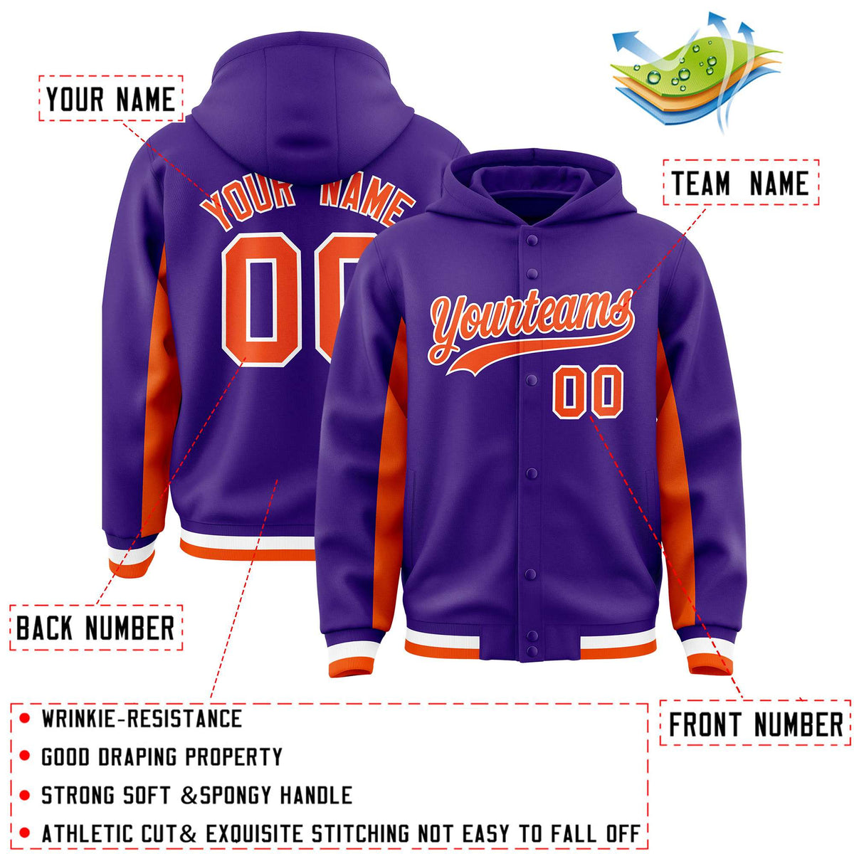 Custom Purple Orange Color Block Varsity Full-Snap Letterman Jacket Hoodie| KXKSHOP