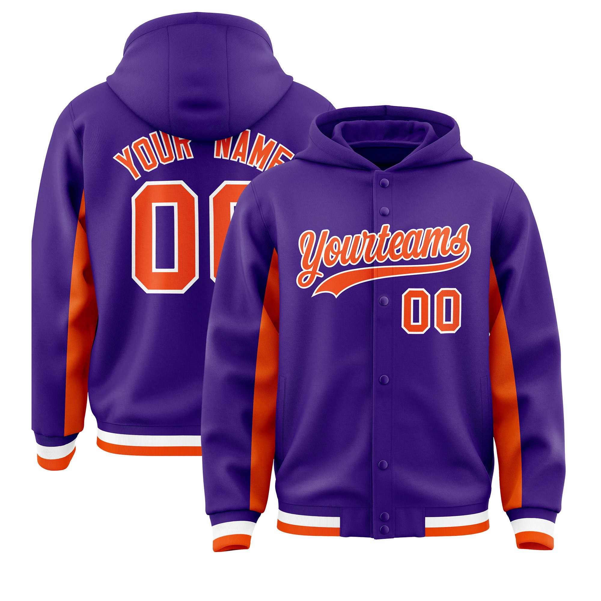 Custom Purple Orange Color Block Varsity Full-Snap Letterman Jacket Hoodie| KXKSHOP