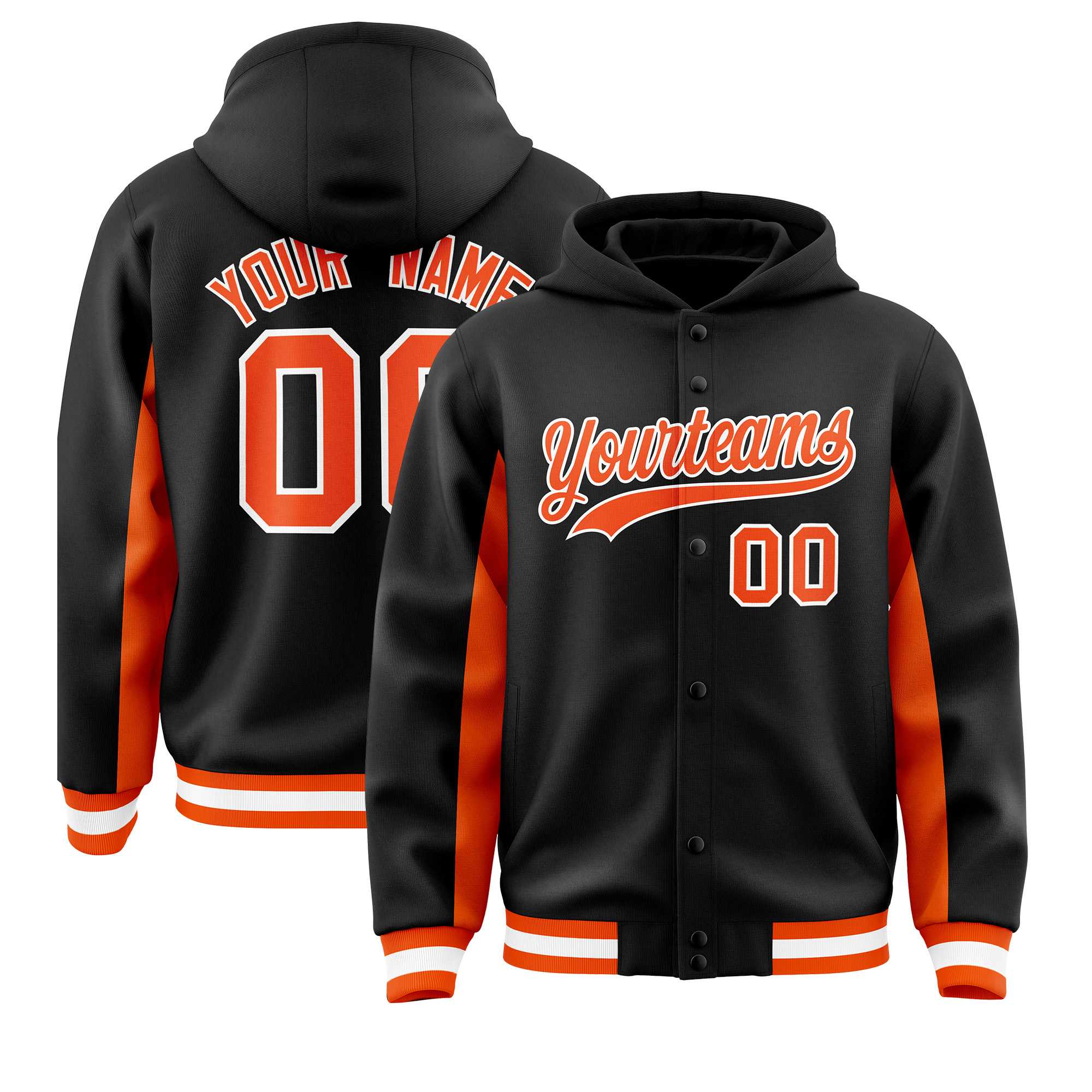 Custom Black Orange Color Block Varsity Full-Snap Letterman Jacket Hoodie| KXKSHOP