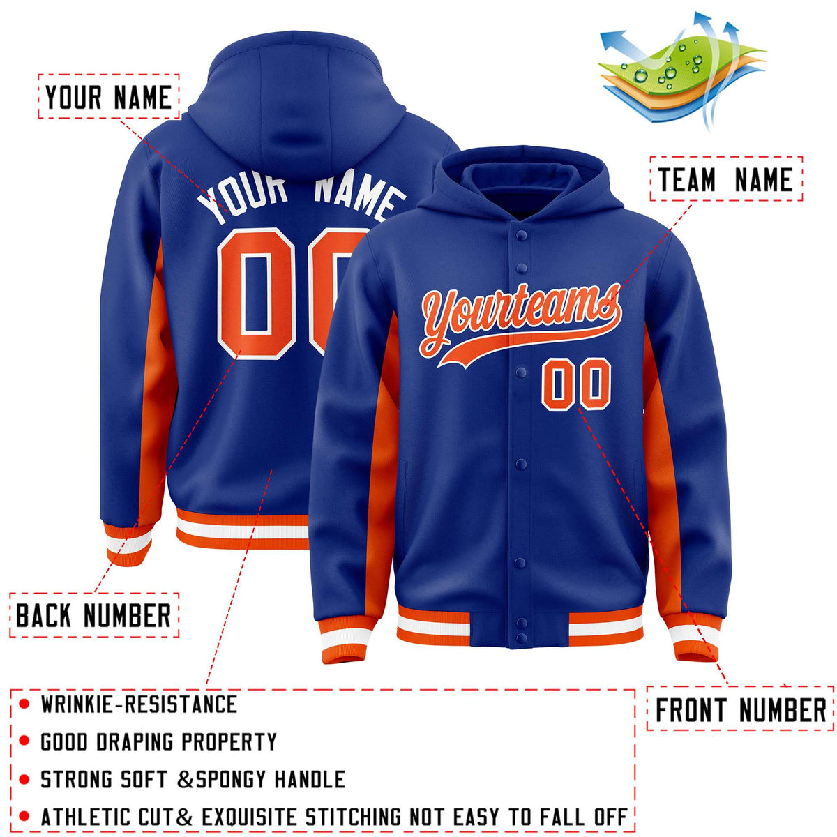 Custom Royal Orange Color Block Varsity Full-Snap Letterman Jacket Hoodie| KXKSHOP