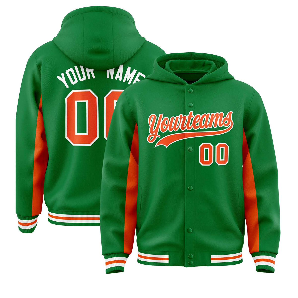 Custom Kelly Green Orange Color Block Varsity Full-Snap Letterman Jacket Hoodie| KXKSHOP