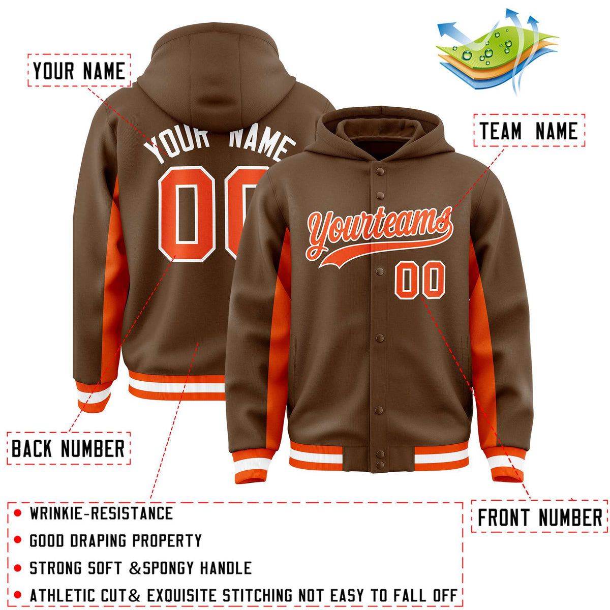Custom Light Brown Orange Color Block Varsity Full-Snap Letterman Jacket Hoodie| KXKSHOP