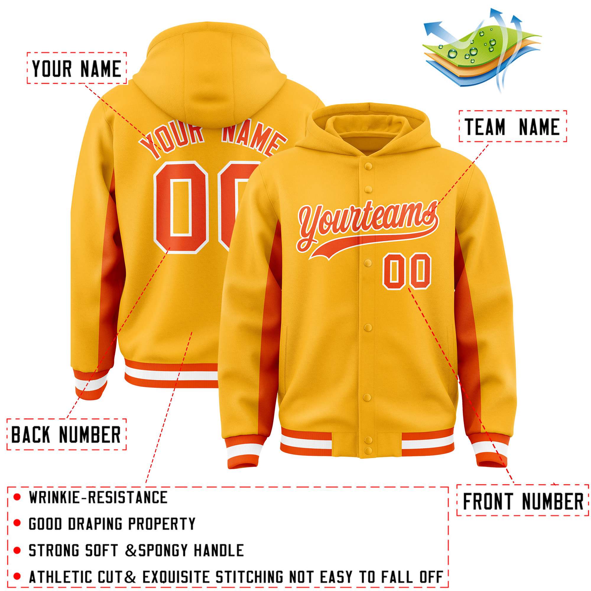 Custom Gold Orange Color Block Varsity Full-Snap Letterman Jacket Hoodie| KXKSHOP