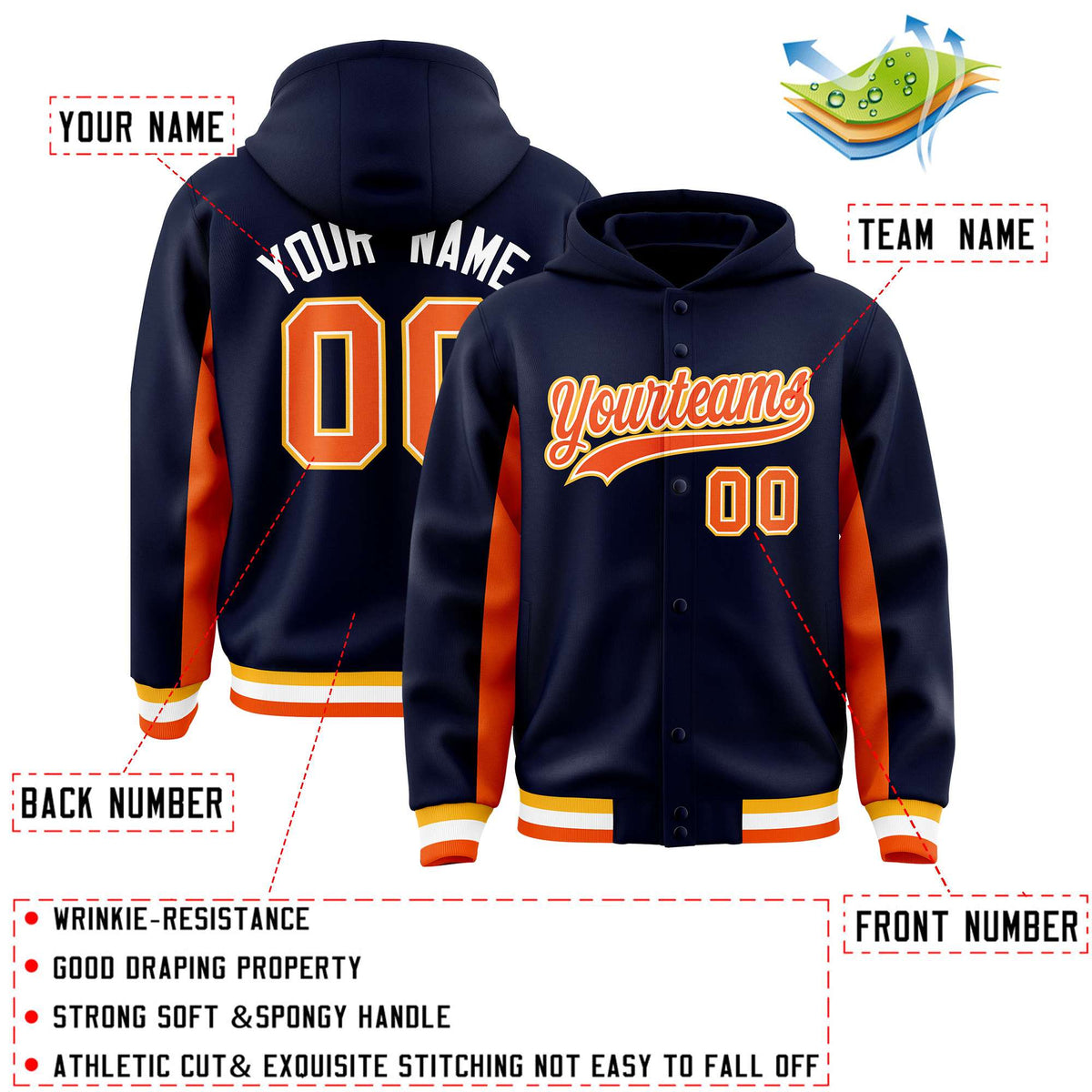 Custom Navy Orange Color Block Varsity Full-Snap Letterman Jacket Hoodie| KXKSHOP