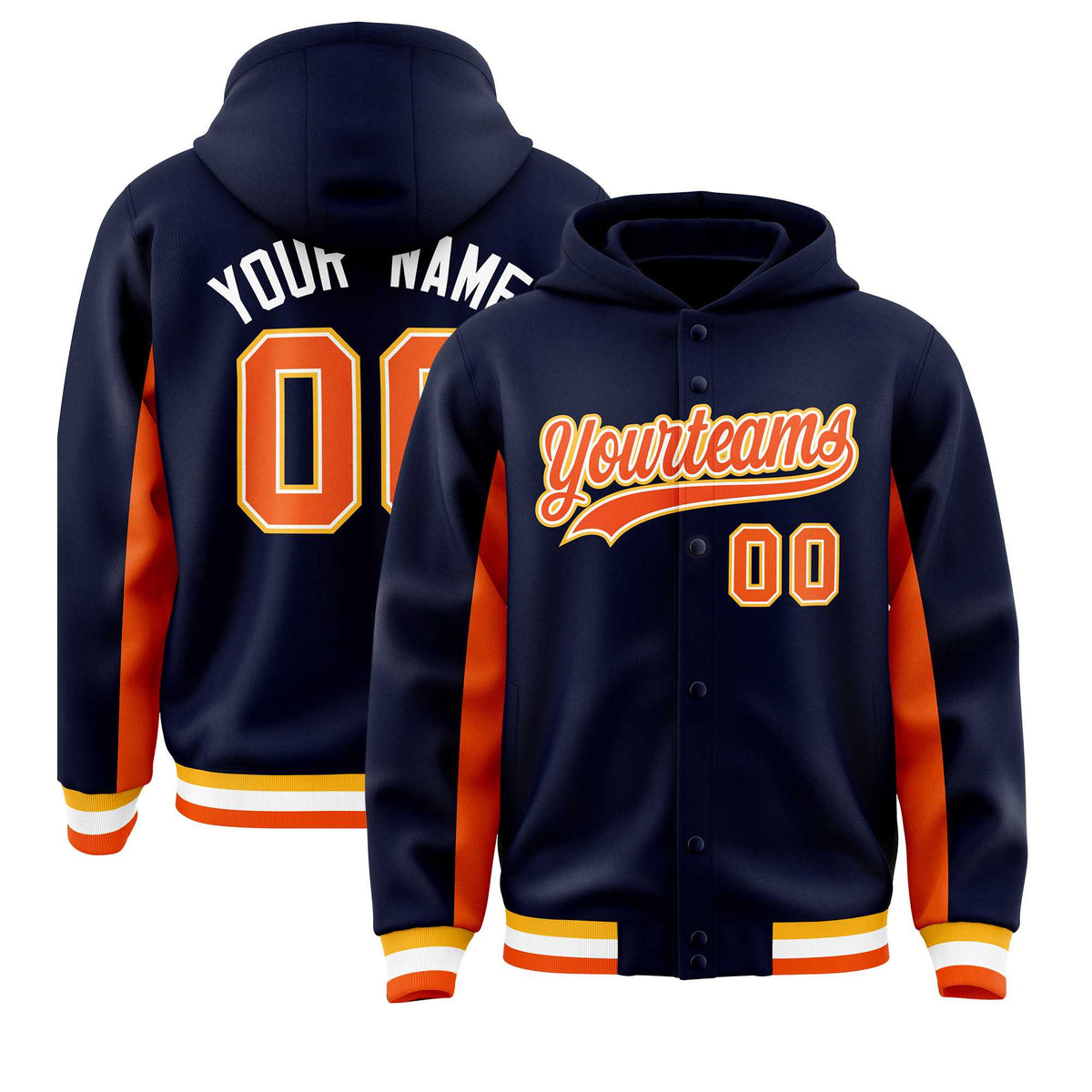 Custom Navy Orange Color Block Varsity Full-Snap Letterman Jacket Hoodie| KXKSHOP