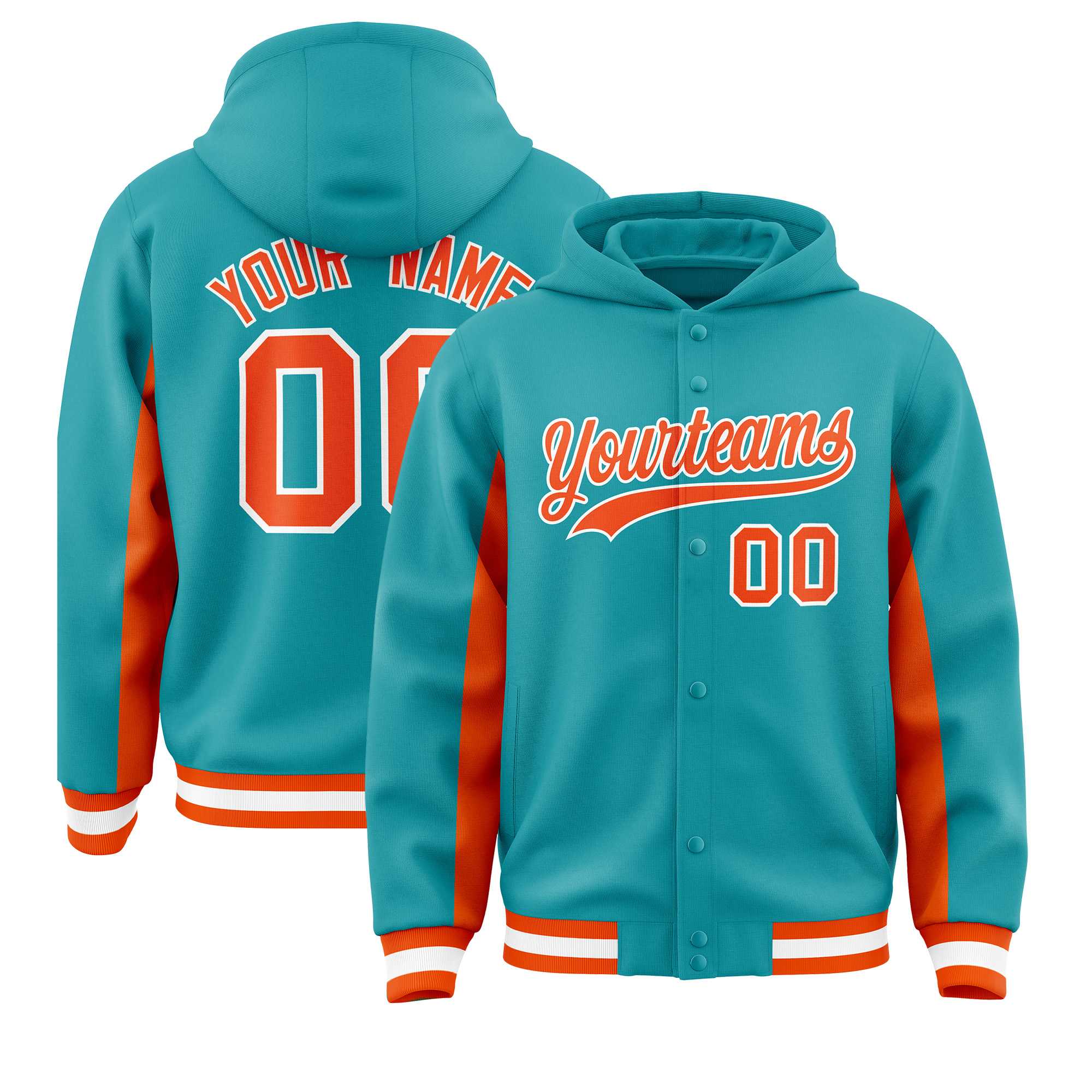 Custom Aqua Orange Color Block Varsity Full-Snap Letterman Jacket Hoodie| KXKSHOP