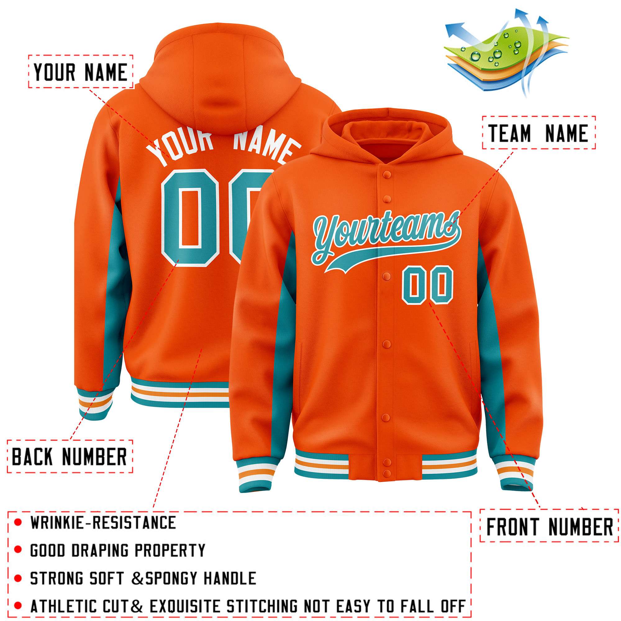 Custom Orange Aqua Color Block Varsity Full-Snap Letterman Jacket Hoodie| KXKSHOP