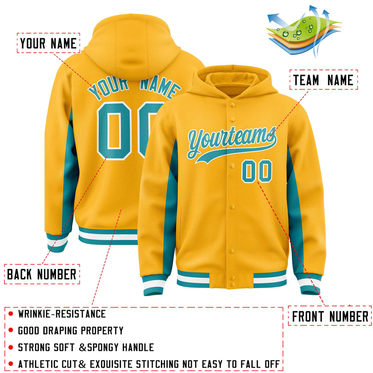 Custom Gold Aqua Color Block Varsity Full-Snap Letterman Jacket Hoodie| KXKSHOP