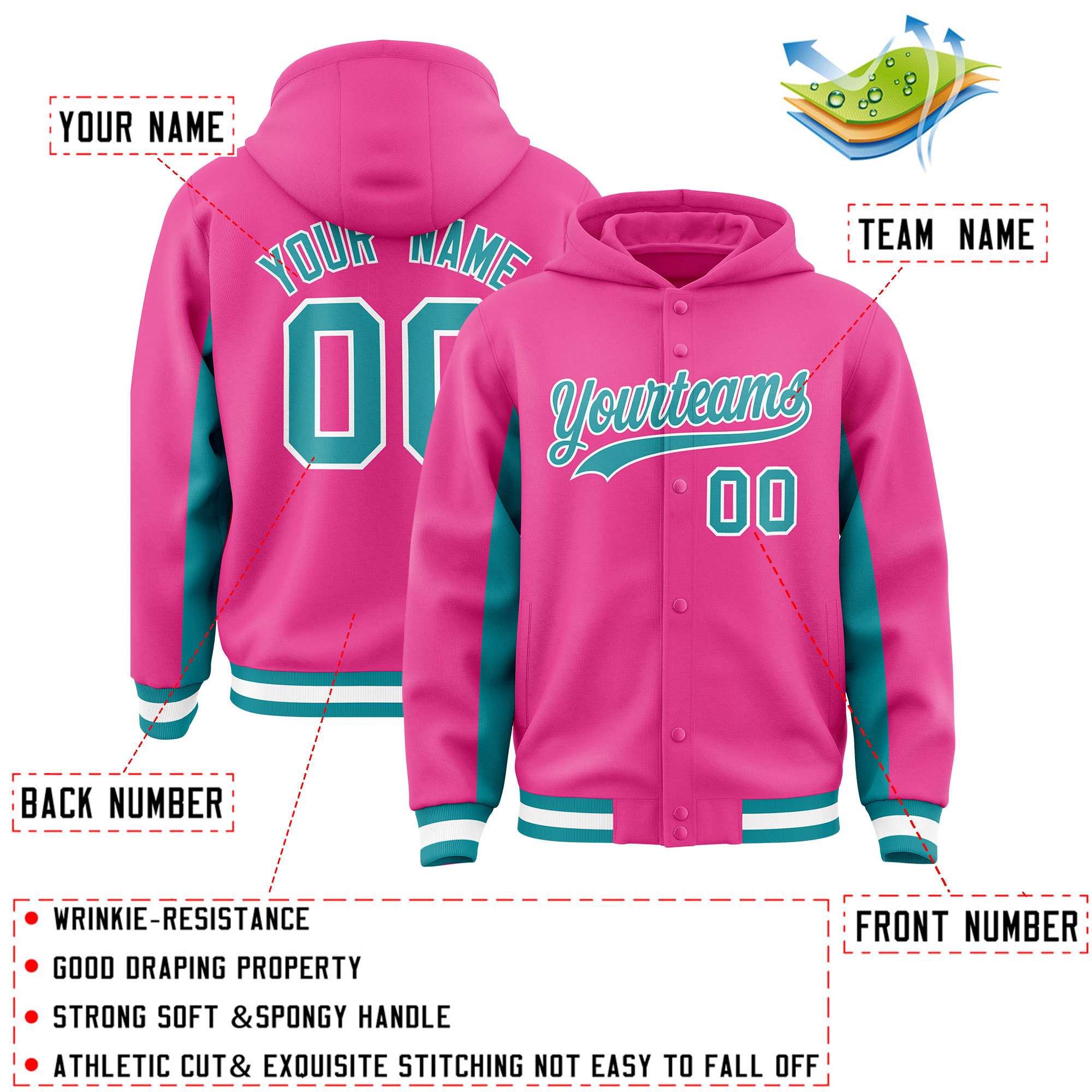 Custom Pink Aqua Color Block Varsity Full-Snap Letterman Jacket Hoodie| KXKSHOP