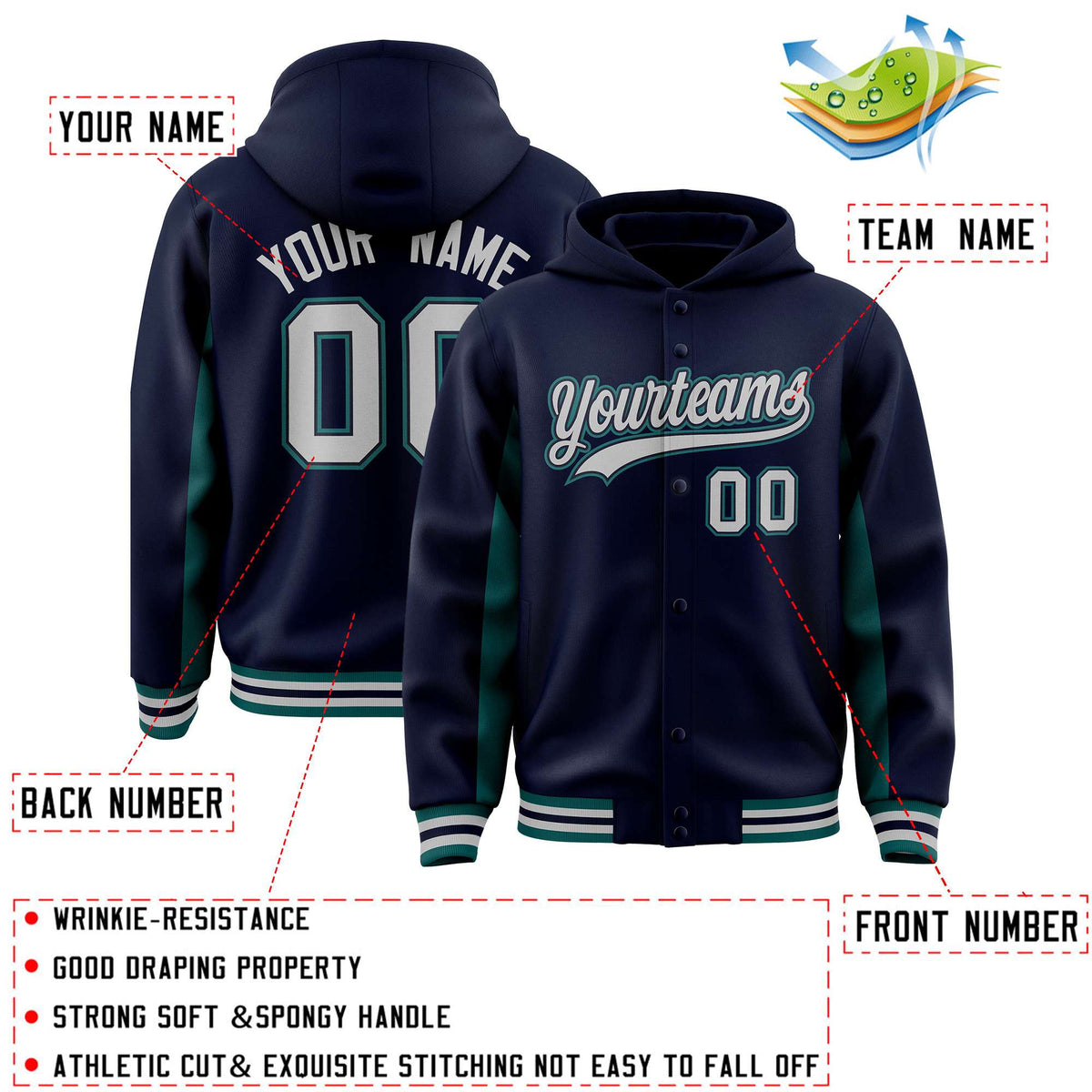 Custom Navy Aqua Color Block Varsity Full-Snap Letterman Jacket Hoodie| KXKSHOP