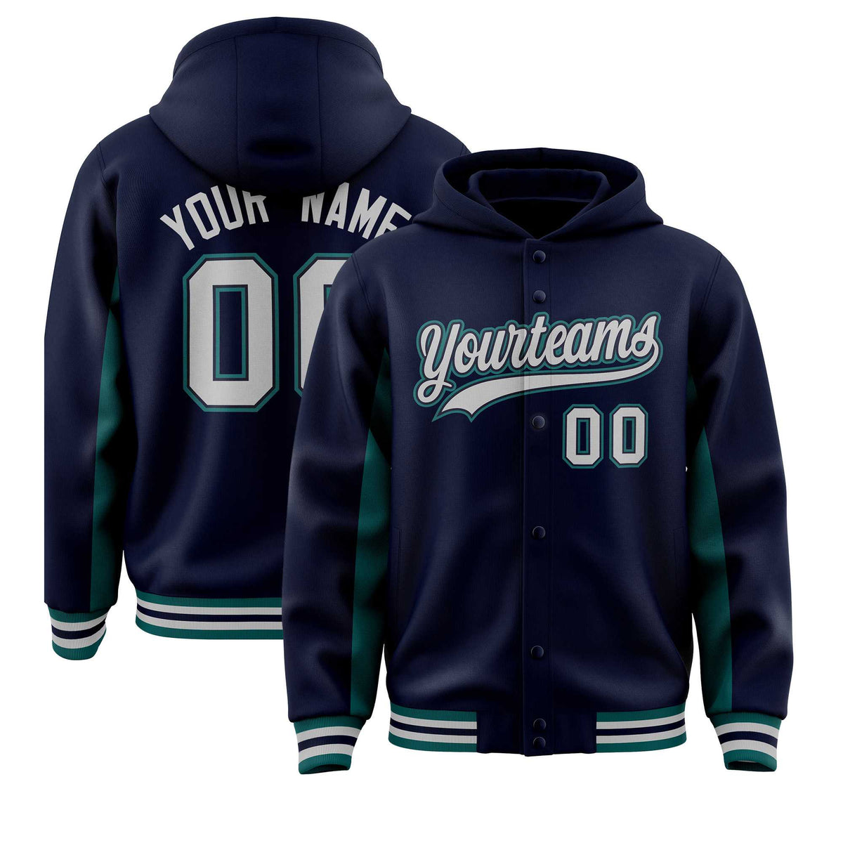 Custom Navy Aqua Color Block Varsity Full-Snap Letterman Jacket Hoodie| KXKSHOP
