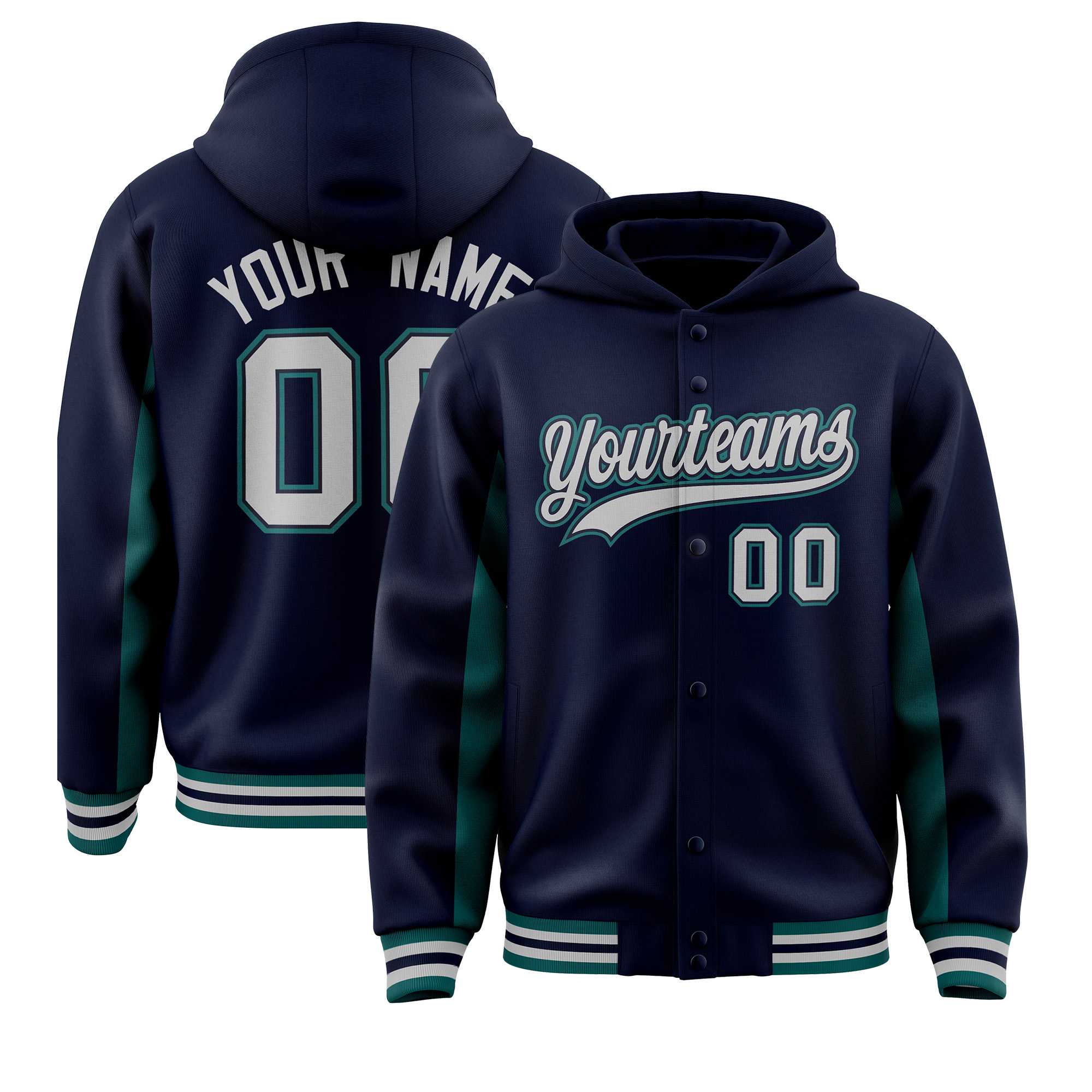 Custom Navy Aqua Color Block Varsity Full-Snap Letterman Jacket Hoodie| KXKSHOP