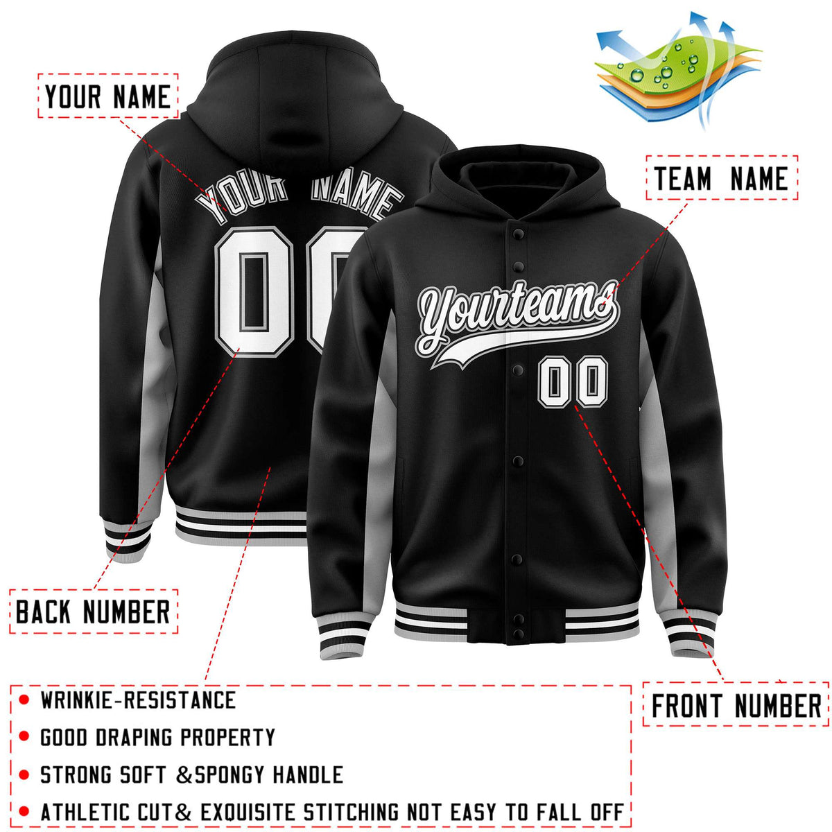 Custom Black Gray Color Block Varsity Full-Snap Letterman Jacket Hoodie| KXKSHOP