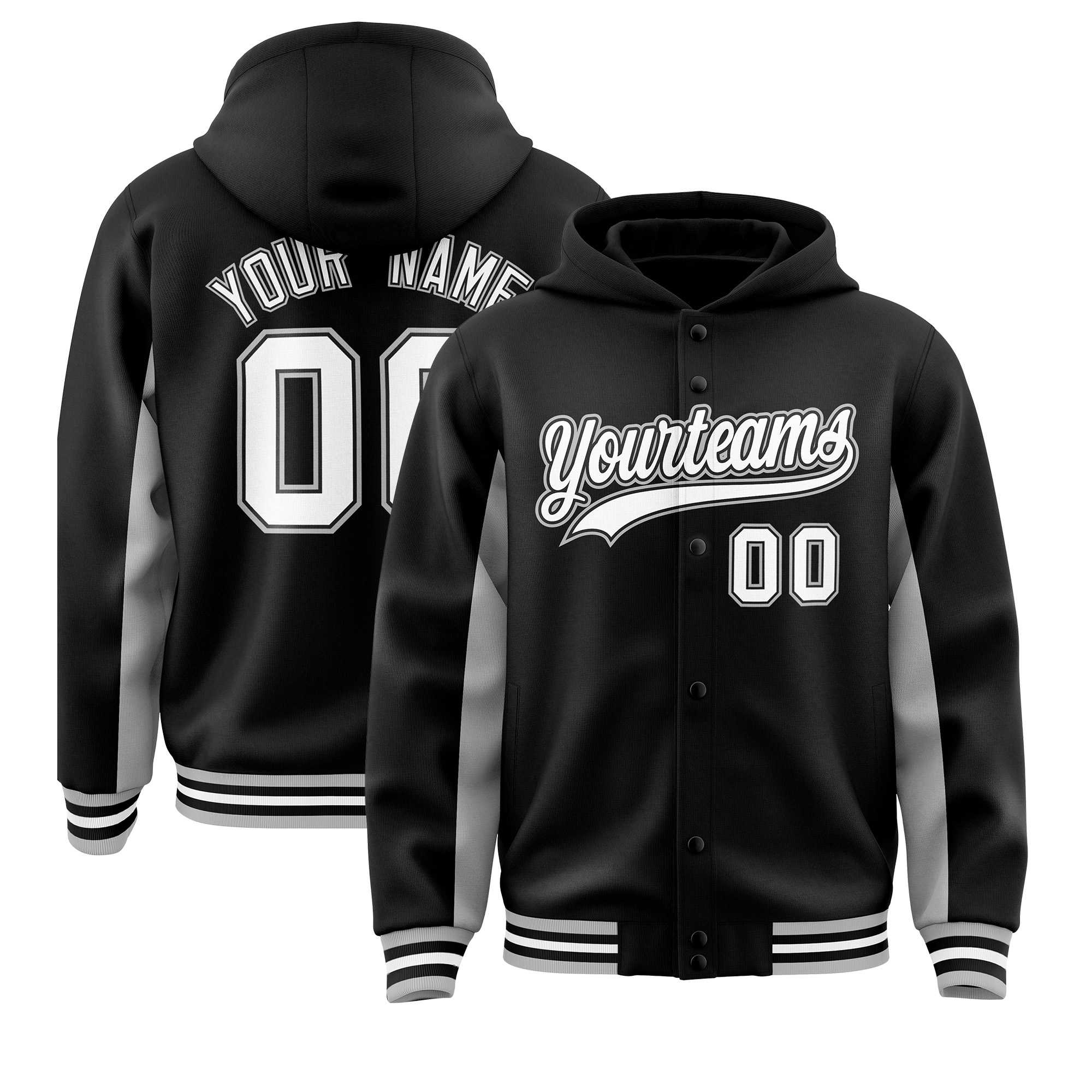 Custom Black Gray Color Block Varsity Full-Snap Letterman Jacket Hoodie| KXKSHOP