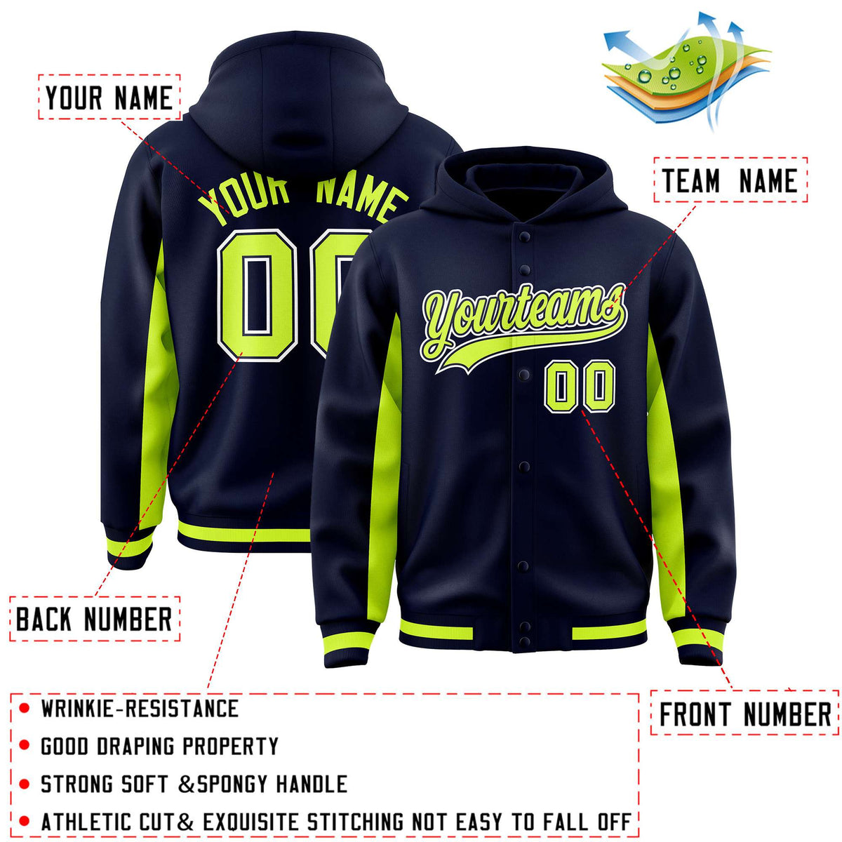 Custom Navy Neon Green Color Block Varsity Full-Snap Letterman Jacket Hoodie| KXKSHOP