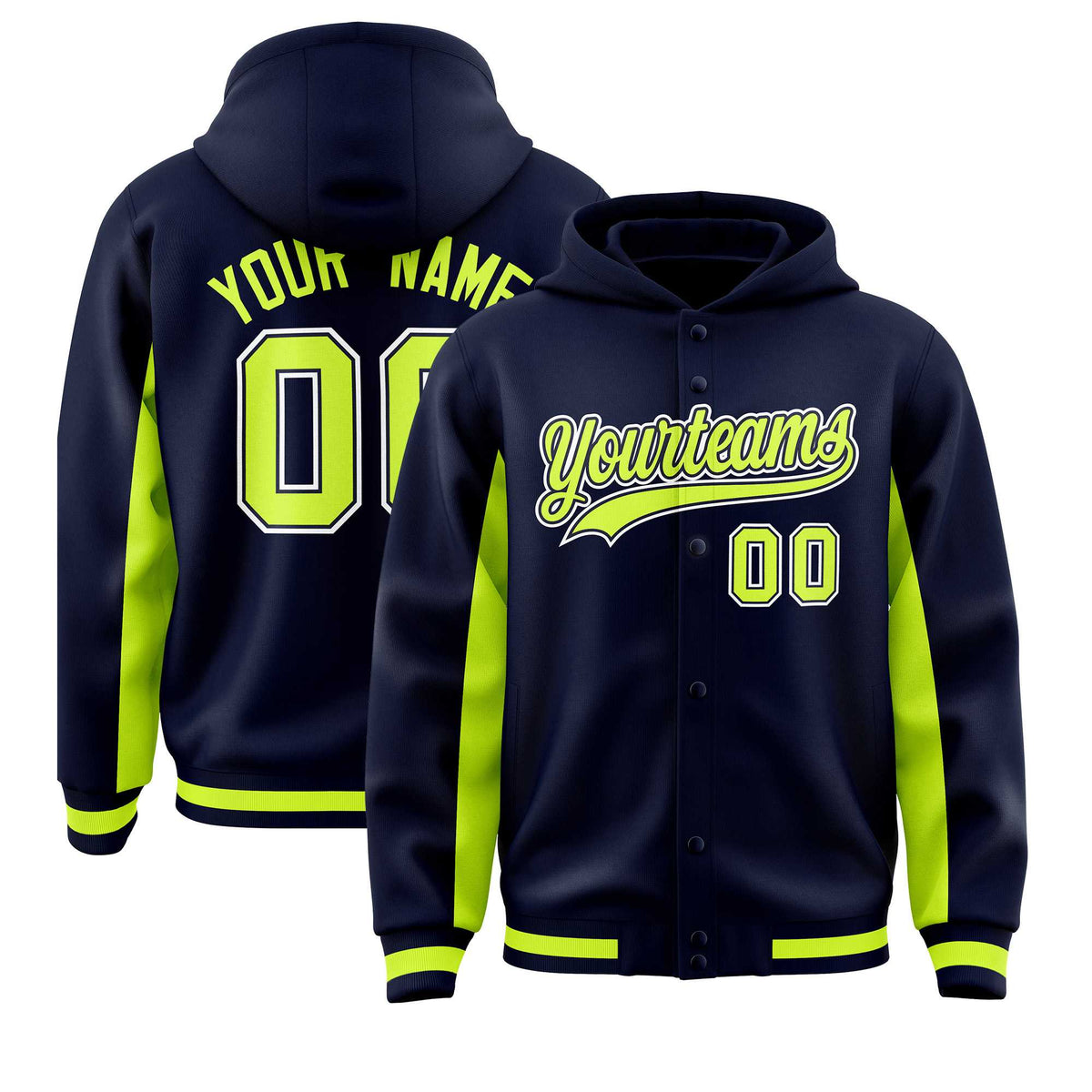 Custom Navy Neon Green Color Block Varsity Full-Snap Letterman Jacket Hoodie| KXKSHOP
