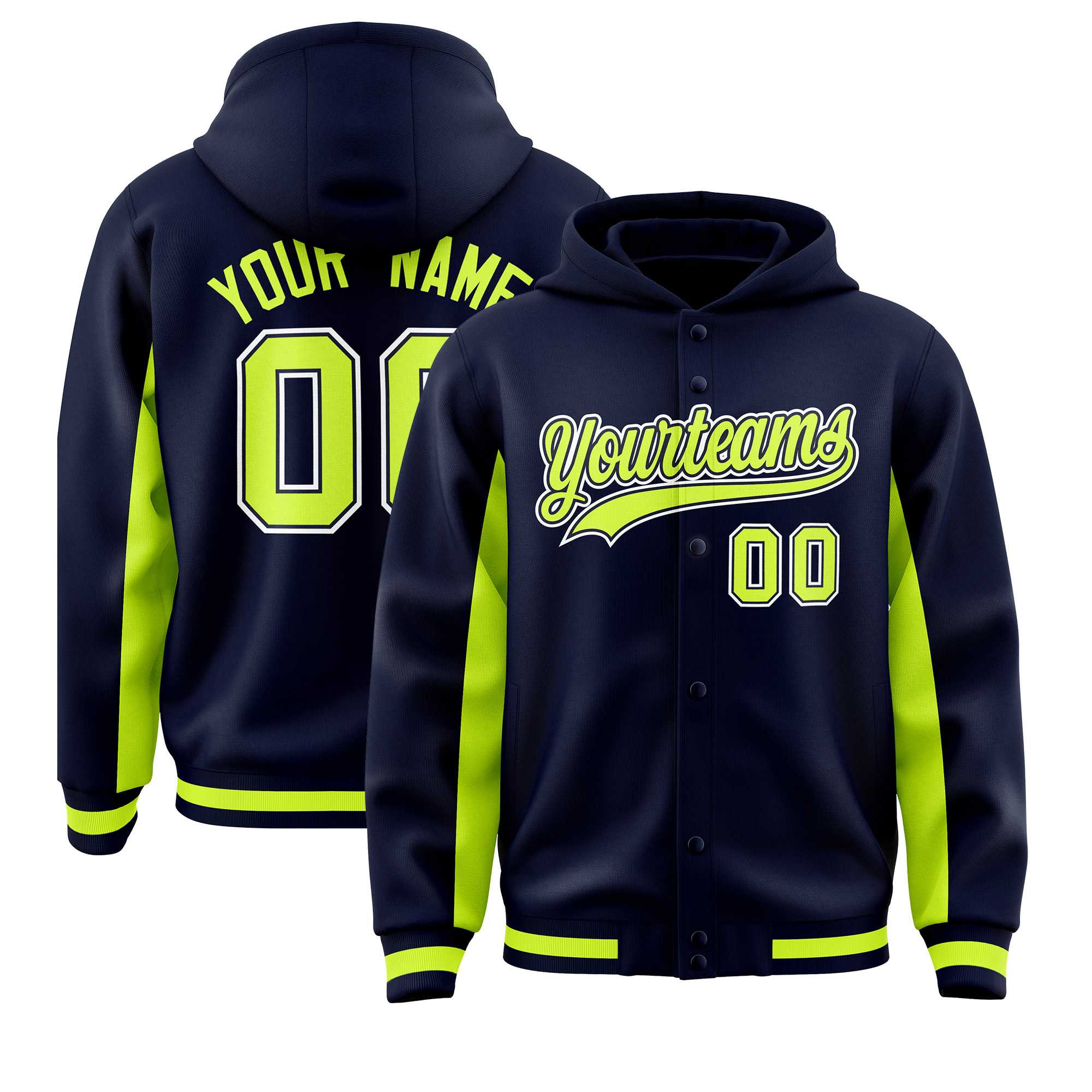 Custom Navy Neon Green Color Block Varsity Full-Snap Letterman Jacket Hoodie| KXKSHOP