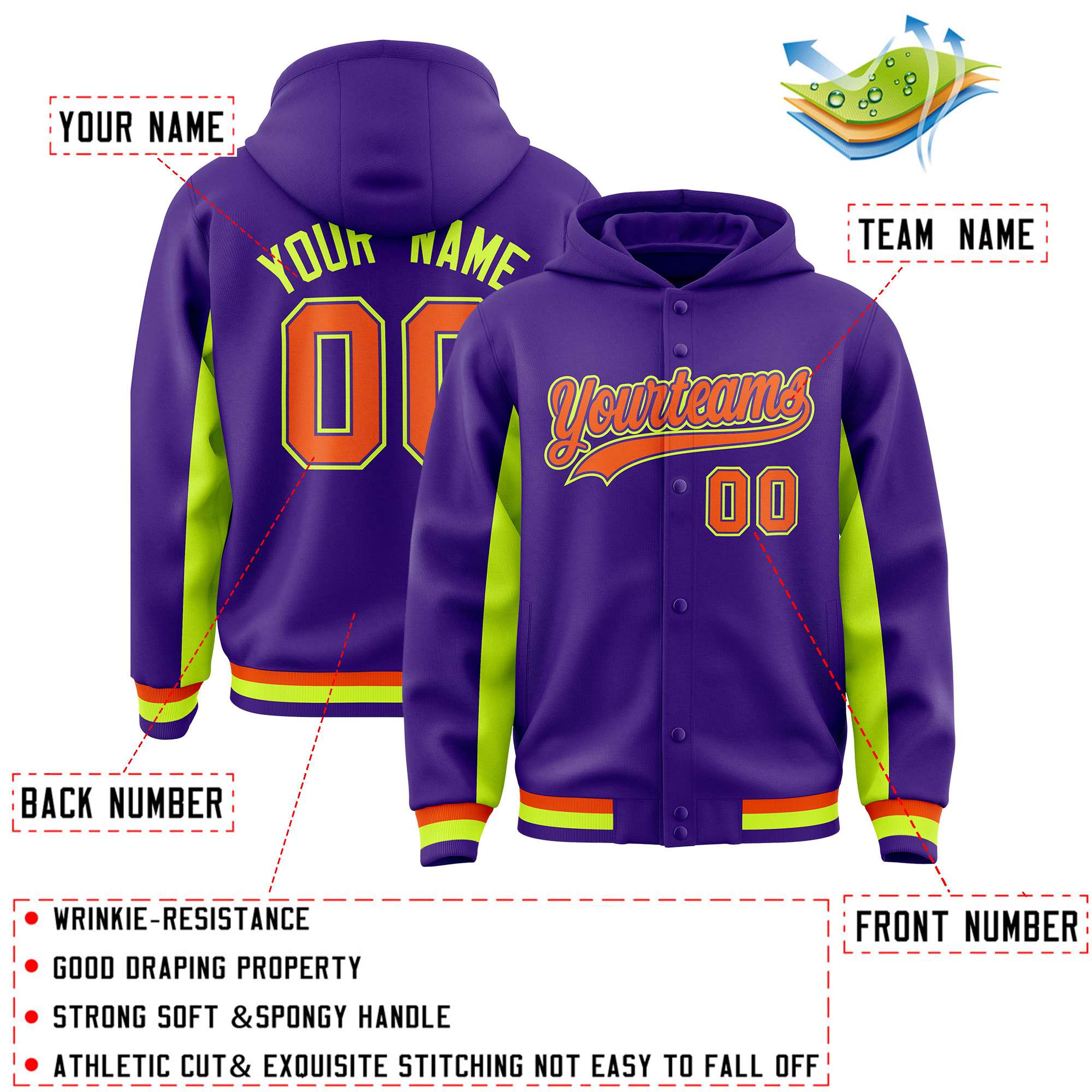 Custom Purple Neon Green Color Block Varsity Full-Snap Letterman Jacket Hoodie| KXKSHOP