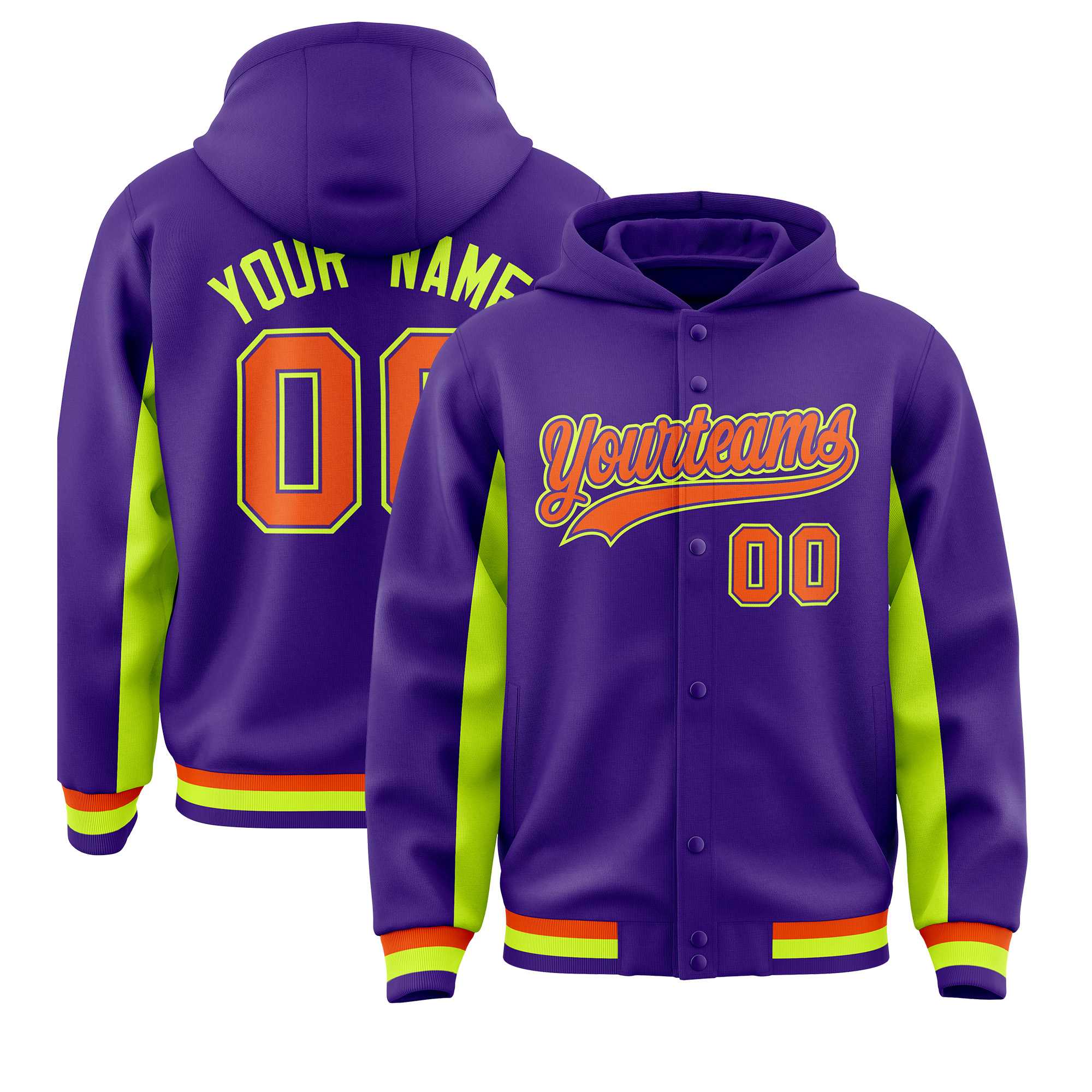 Custom Purple Neon Green Color Block Varsity Full-Snap Letterman Jacket Hoodie| KXKSHOP