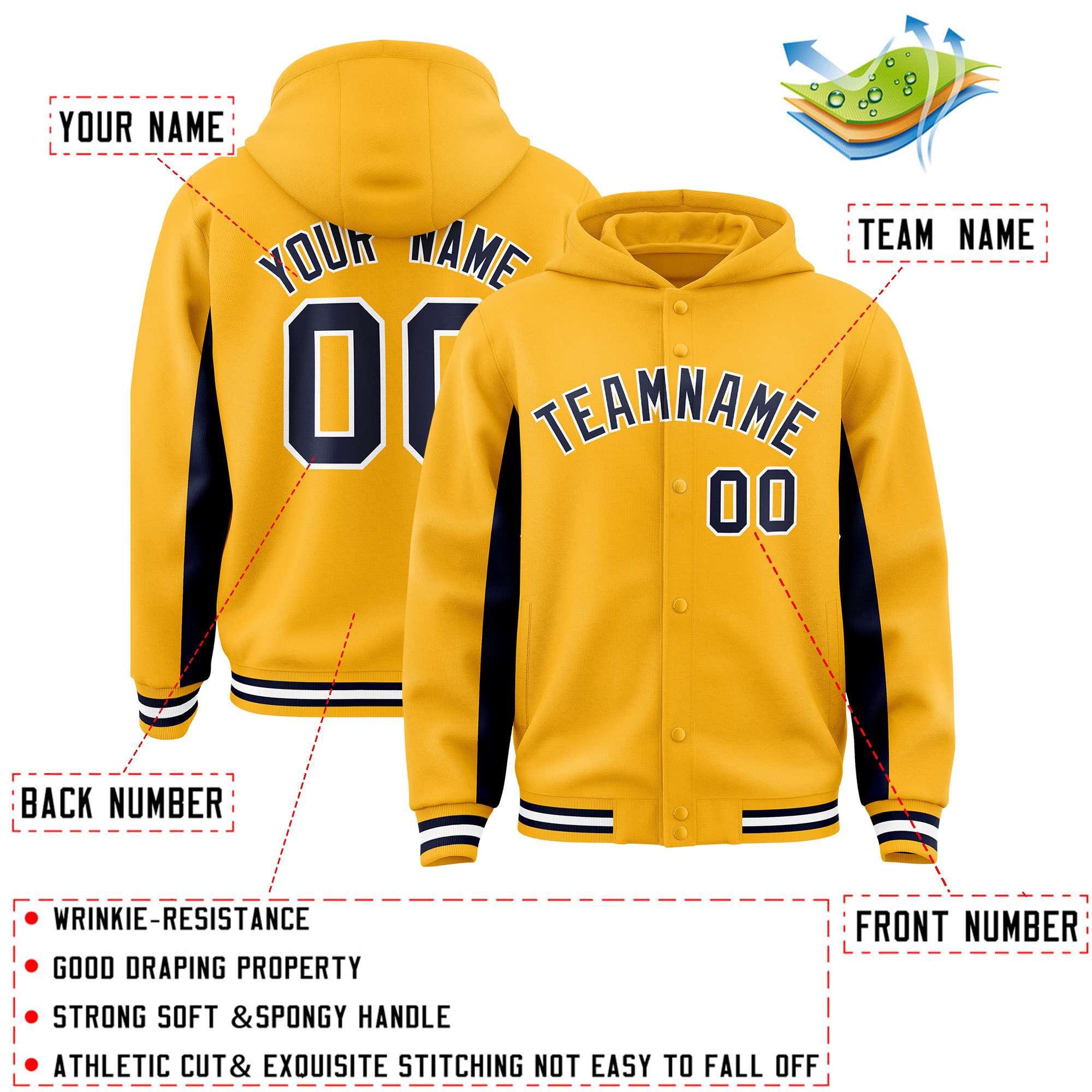 Custom Gold Navy Color Block Varsity Full-Snap Letterman Jacket Hoodie| KXKSHOP