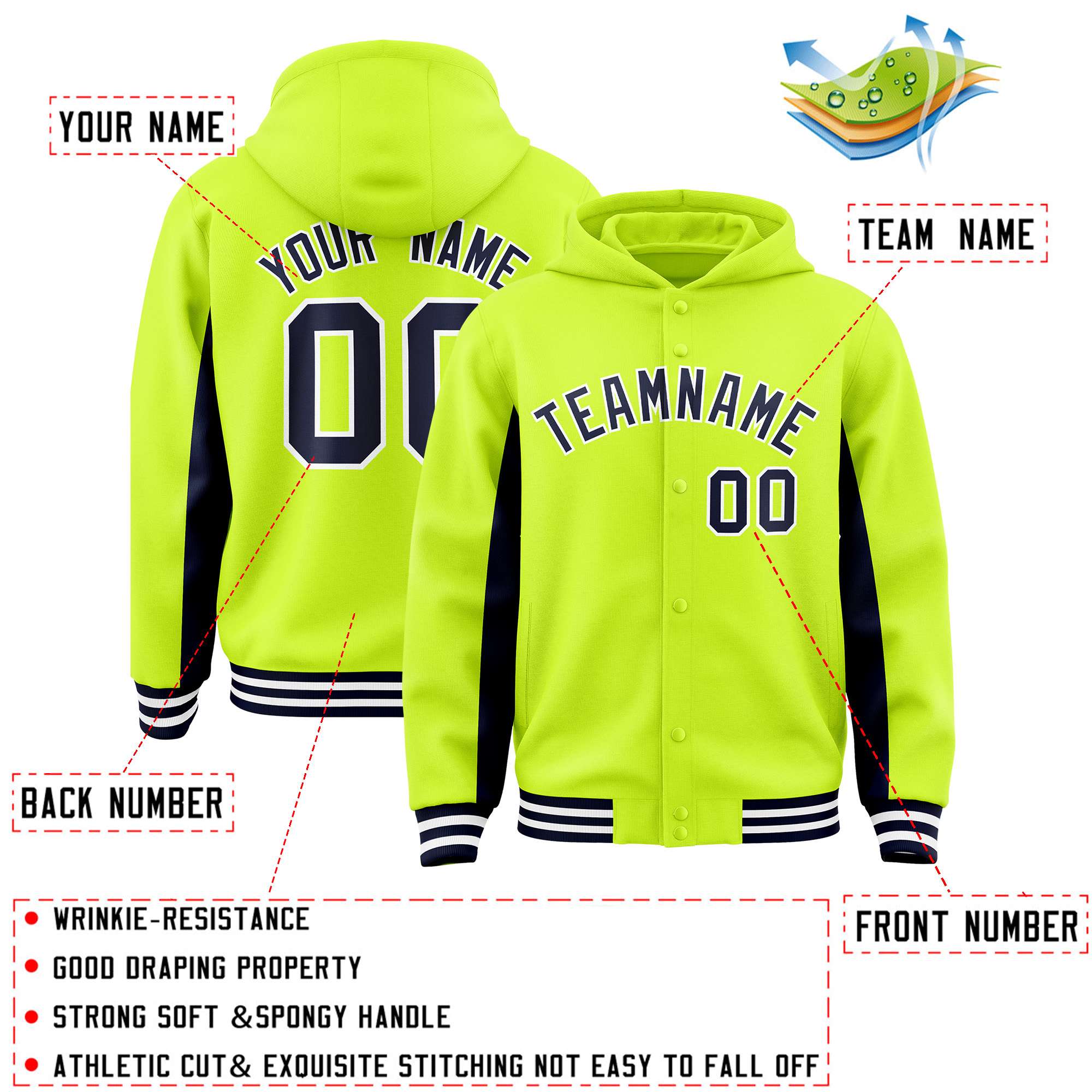 Custom Neon Green Navy Color Block Varsity Full-Snap Letterman Jacket Hoodie| KXKSHOP