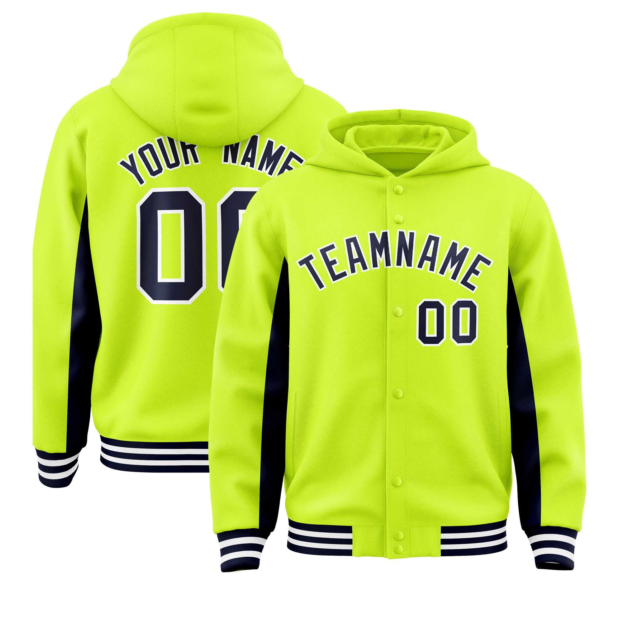 Custom Neon Green Navy Color Block Varsity Full-Snap Letterman Jacket Hoodie| KXKSHOP