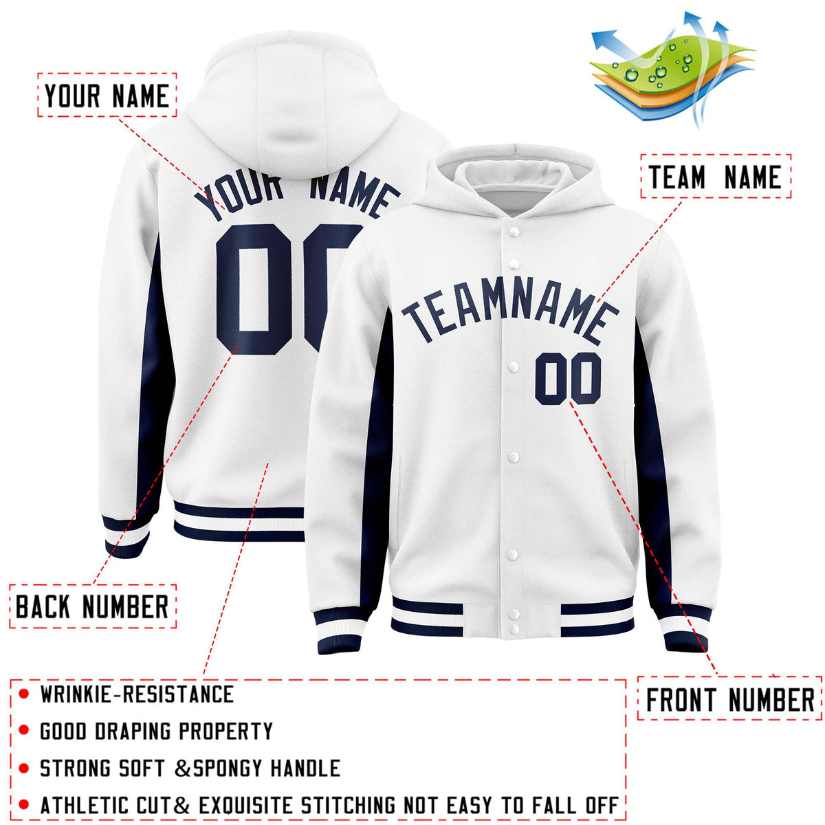 Custom White Navy Color Block Varsity Full-Snap Letterman Jacket Hoodie| KXKSHOP