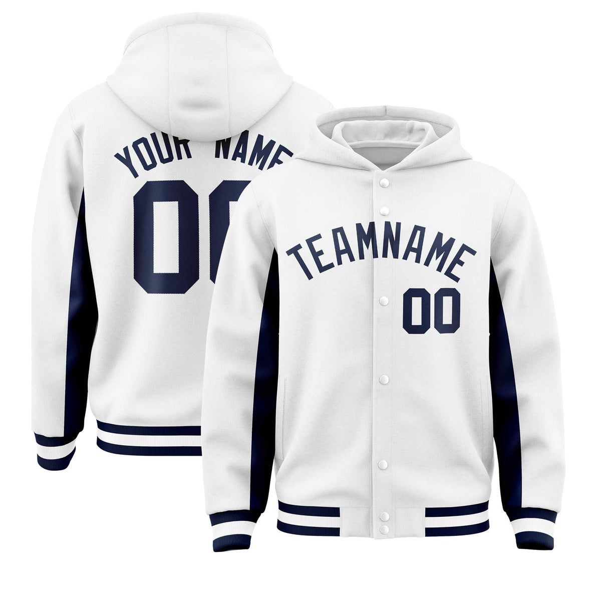Custom White Navy Color Block Varsity Full-Snap Letterman Jacket Hoodie| KXKSHOP
