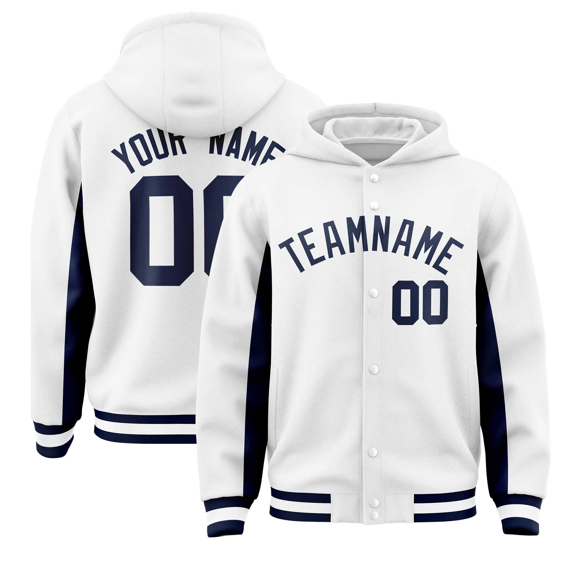 Custom White Navy Color Block Varsity Full-Snap Letterman Jacket Hoodie| KXKSHOP